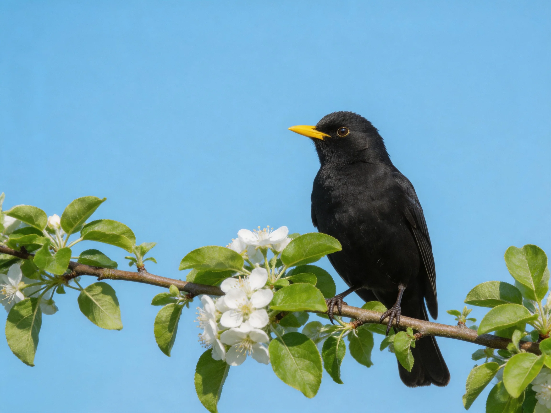 A black bird with a bright yellow beak sits on a branch with white flowers and green leaves beneath a clear blue sky.