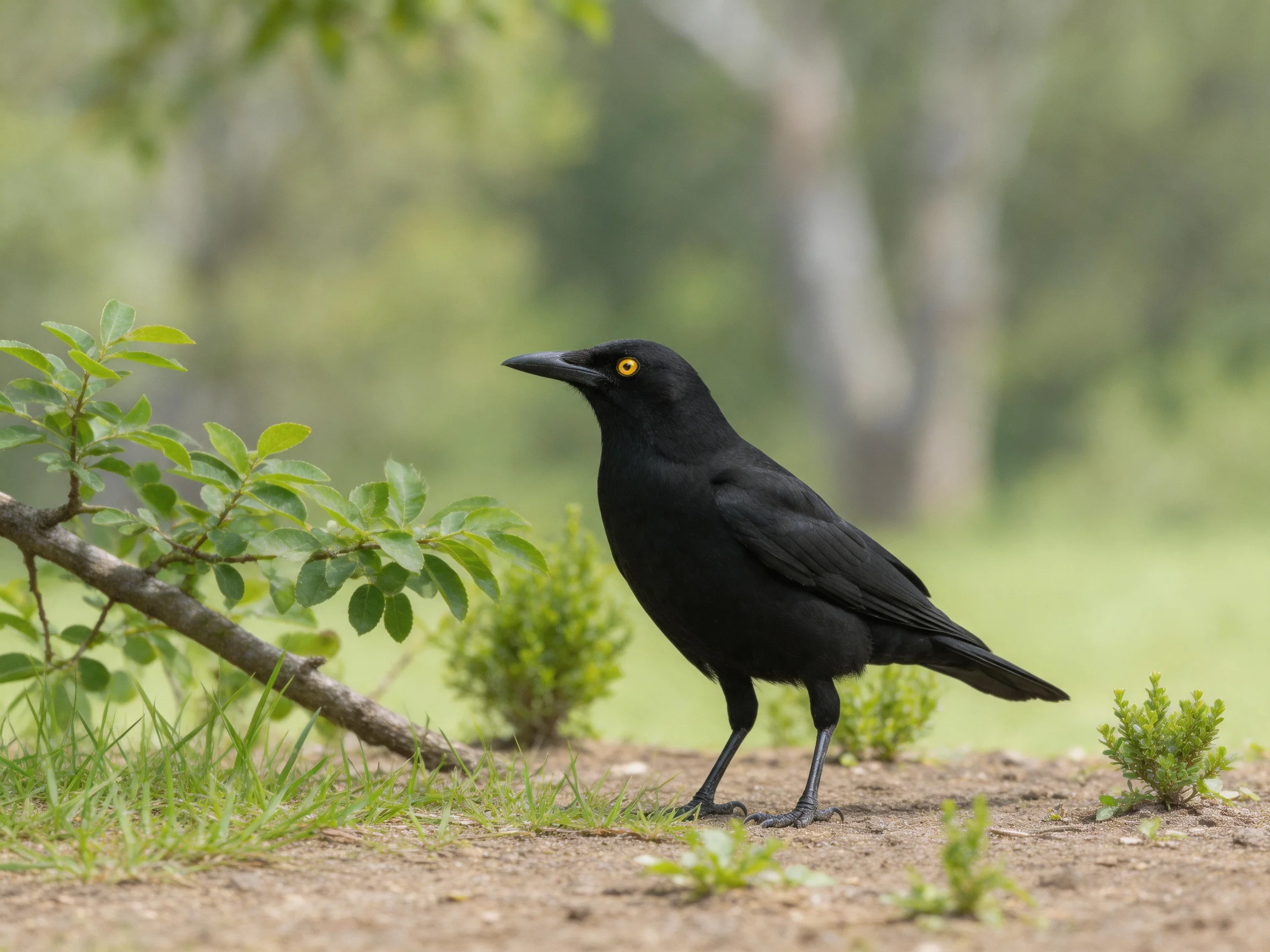 A black bird with yellow eyes stands among green vegetation outdoors.
