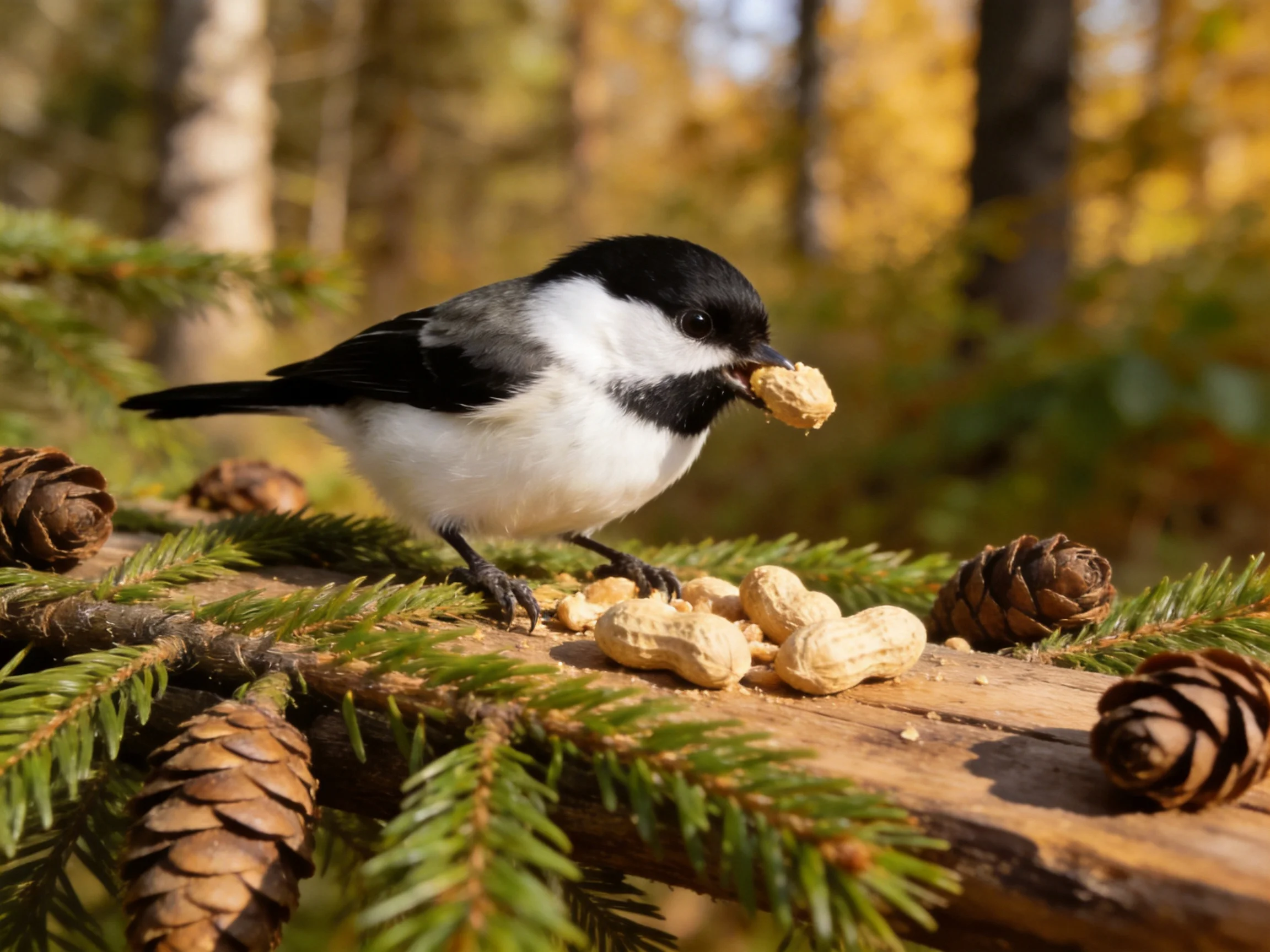 A black-capped bird eats a peanut near pine branches and cones