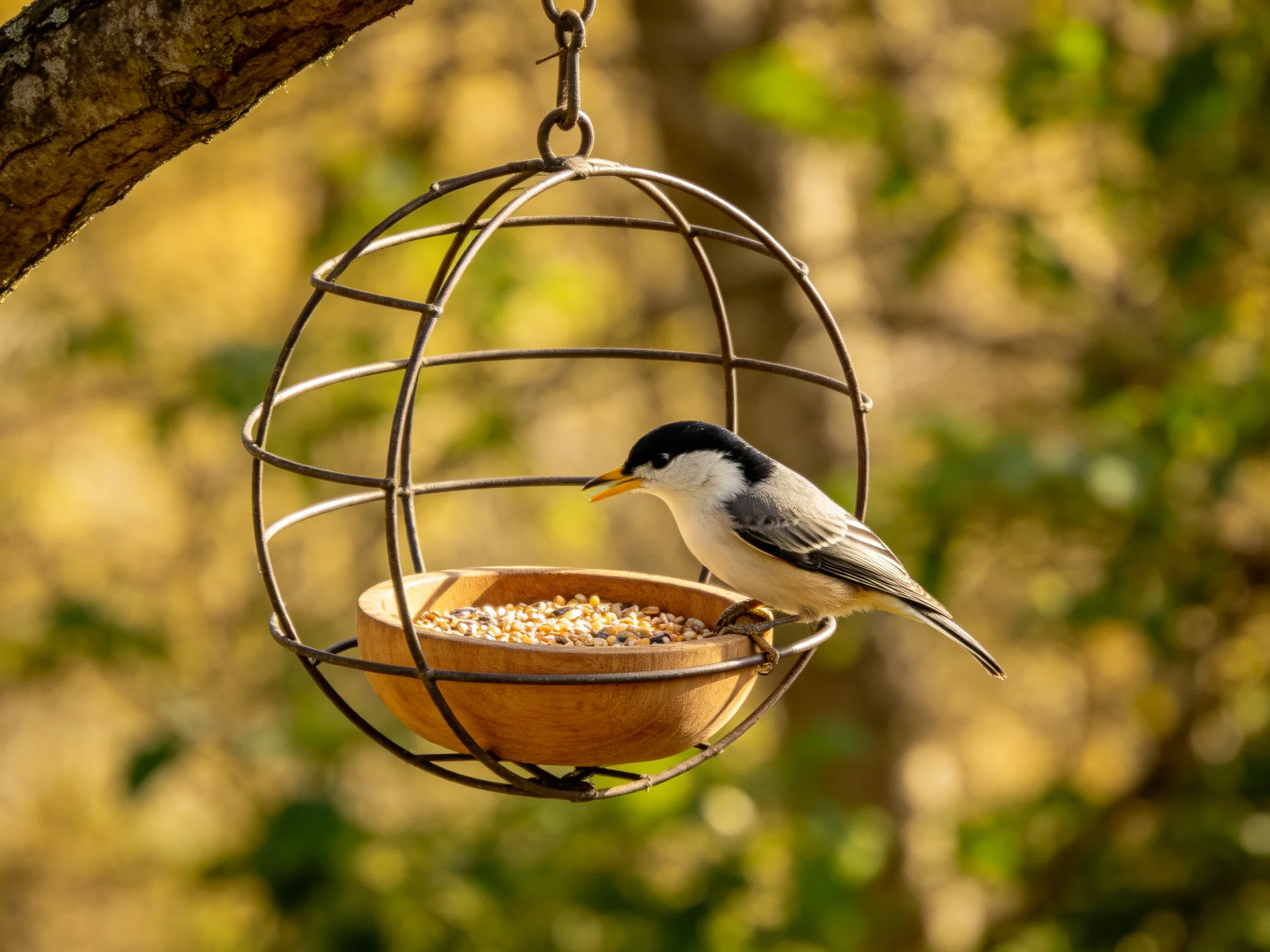 A black-capped bird eats seeds from a spherical metal feeder attached to a tree.