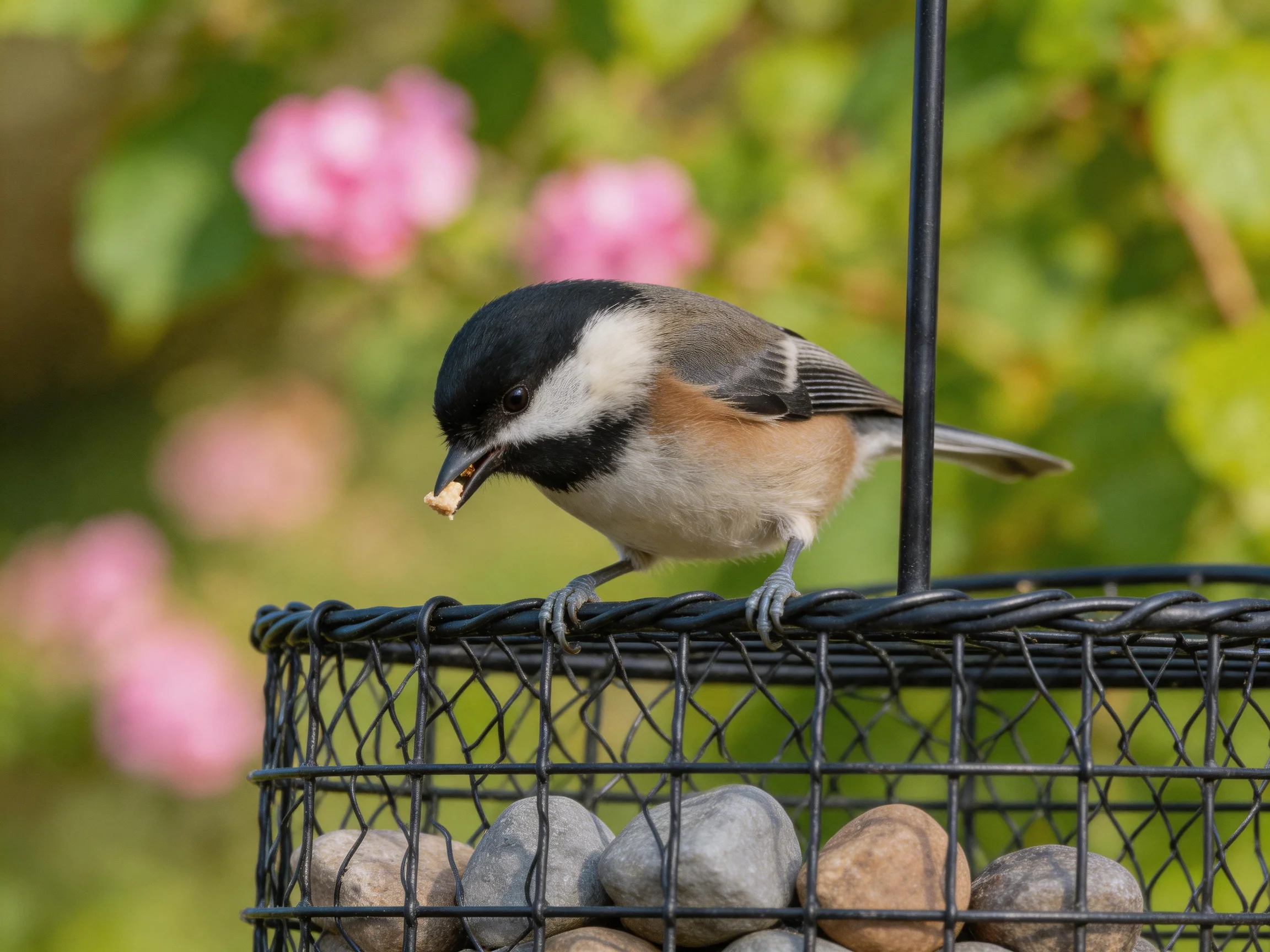 A black-capped bird feeds on a wire cage feeder with stones, pink blooms in soft focus