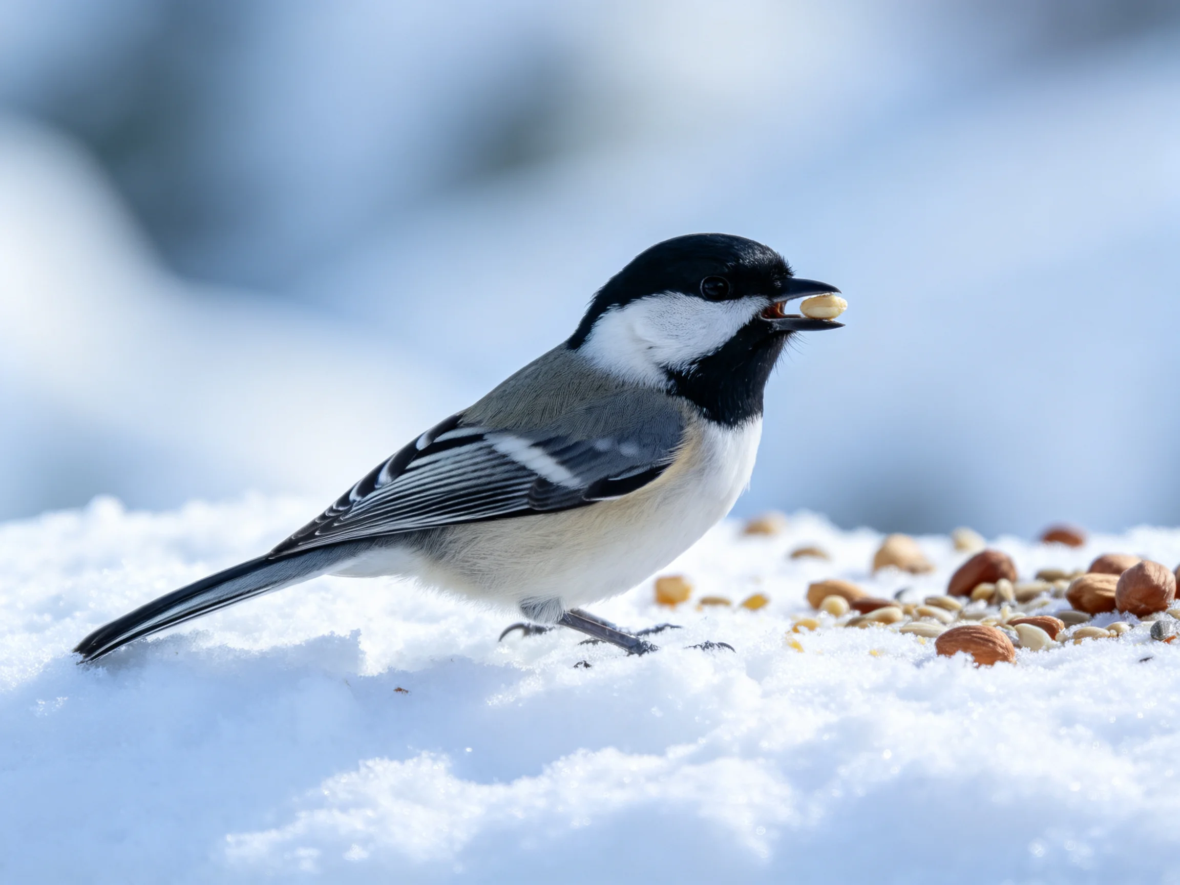 A black-capped bird foraging among seeds on snowy ground