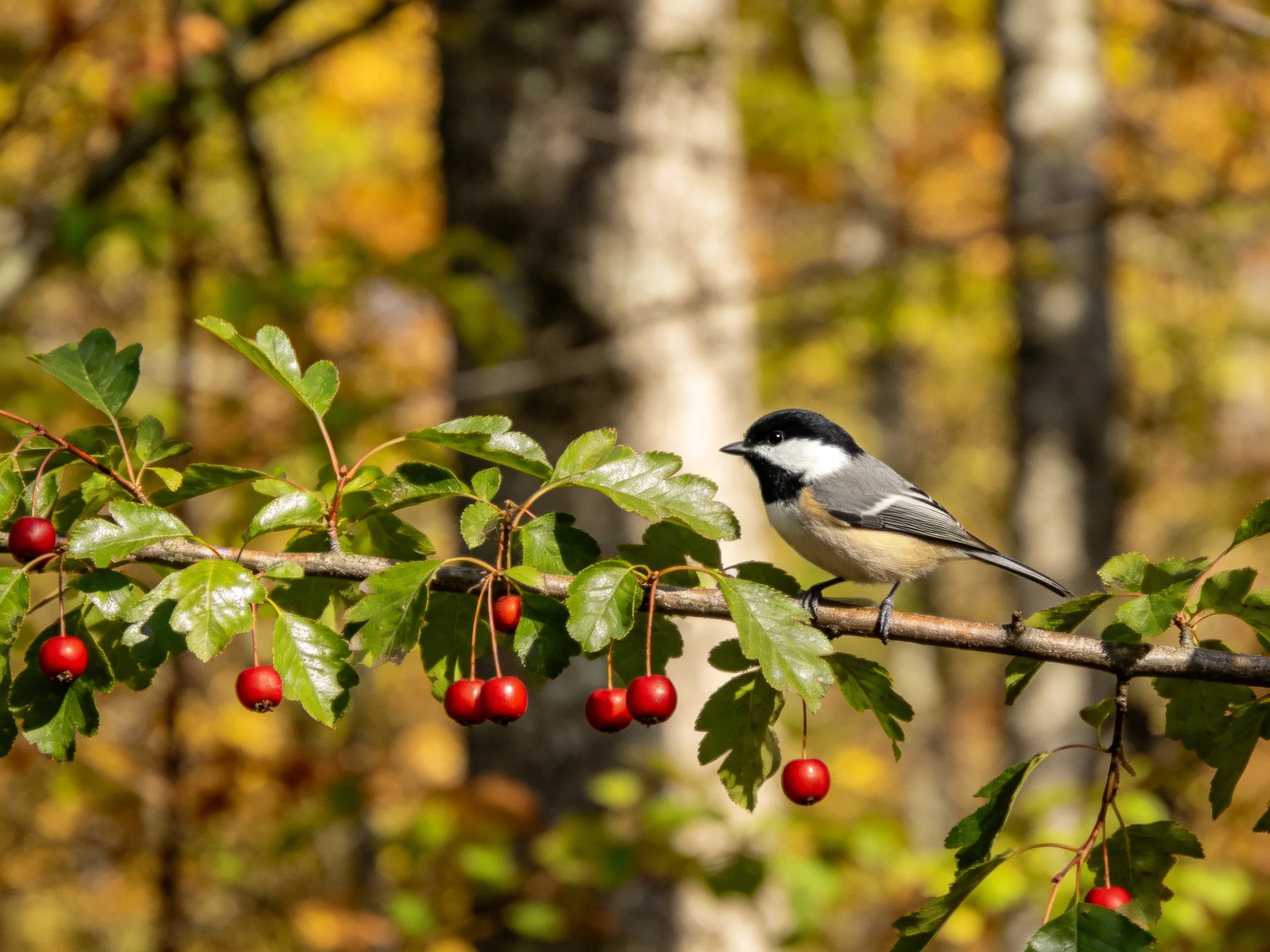 A black-capped bird perches near vibrant red berries among autumn foliage
