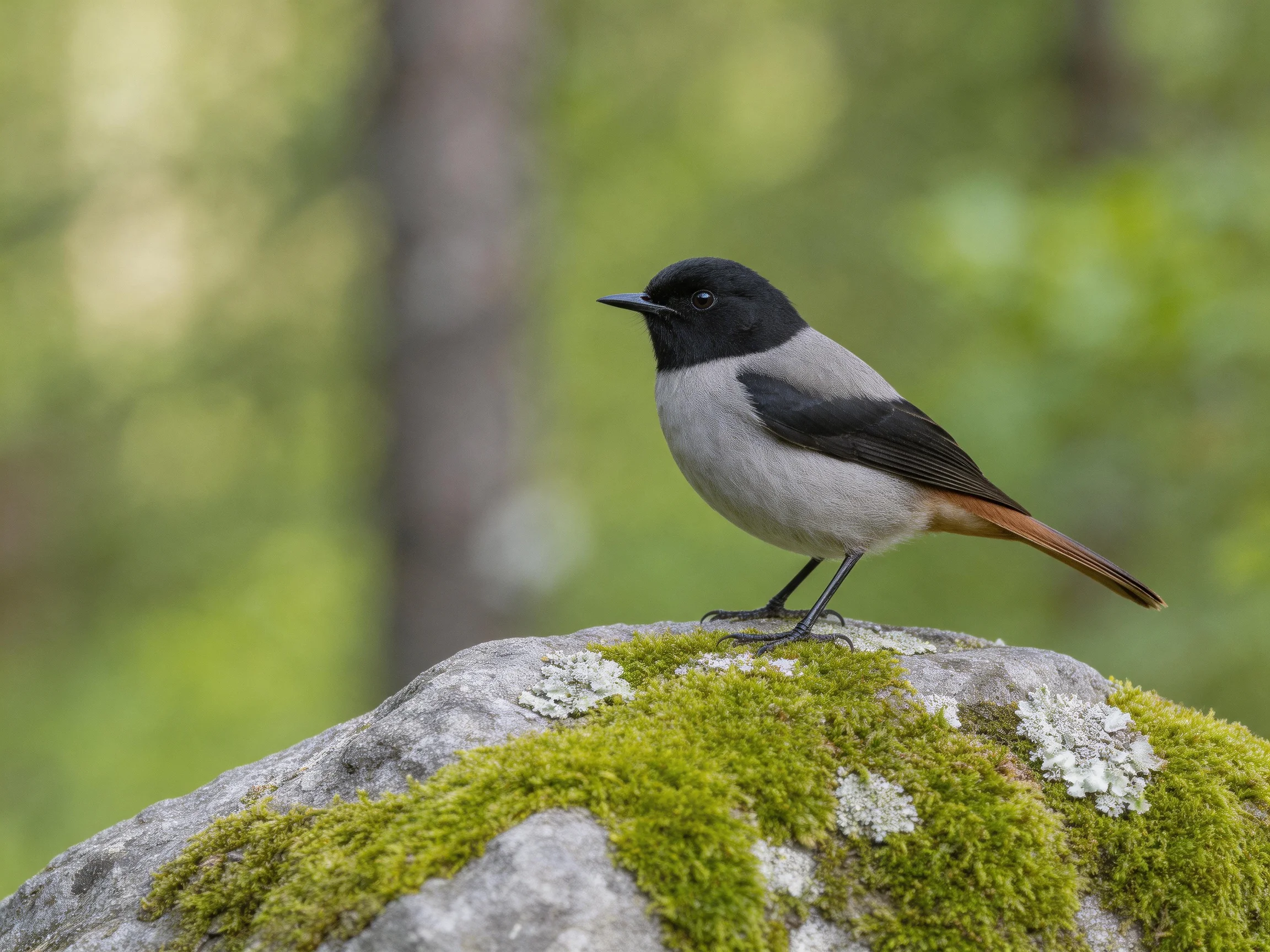 A black-capped bird perches on a mossy forest rock