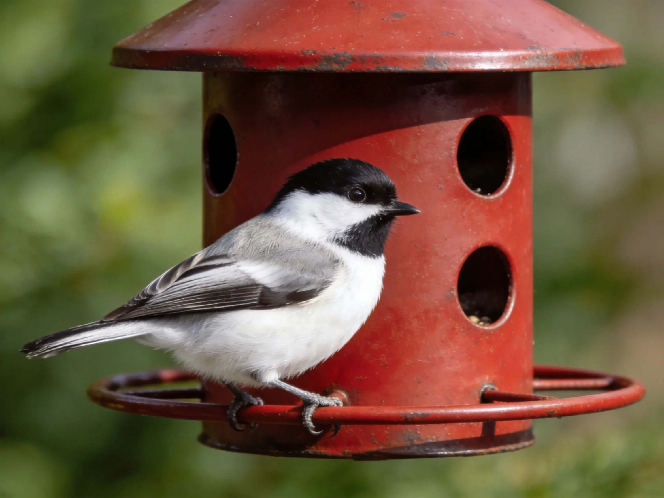 A black-capped bird perches on a red metal bird feeder