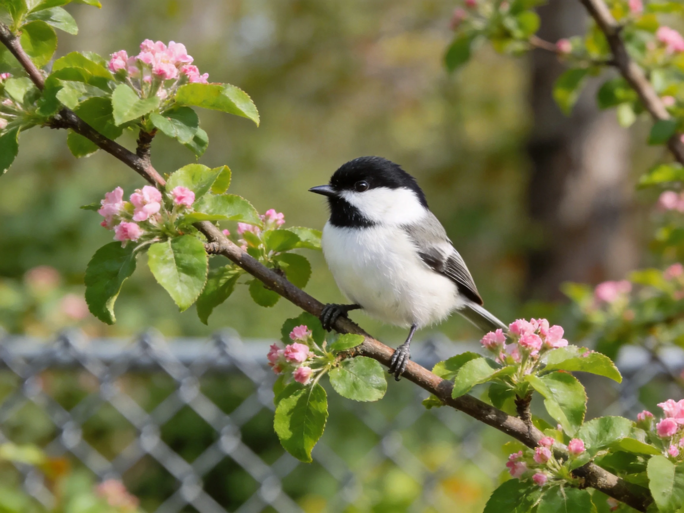 A small black-capped bird sits on flowering apple tree branches.