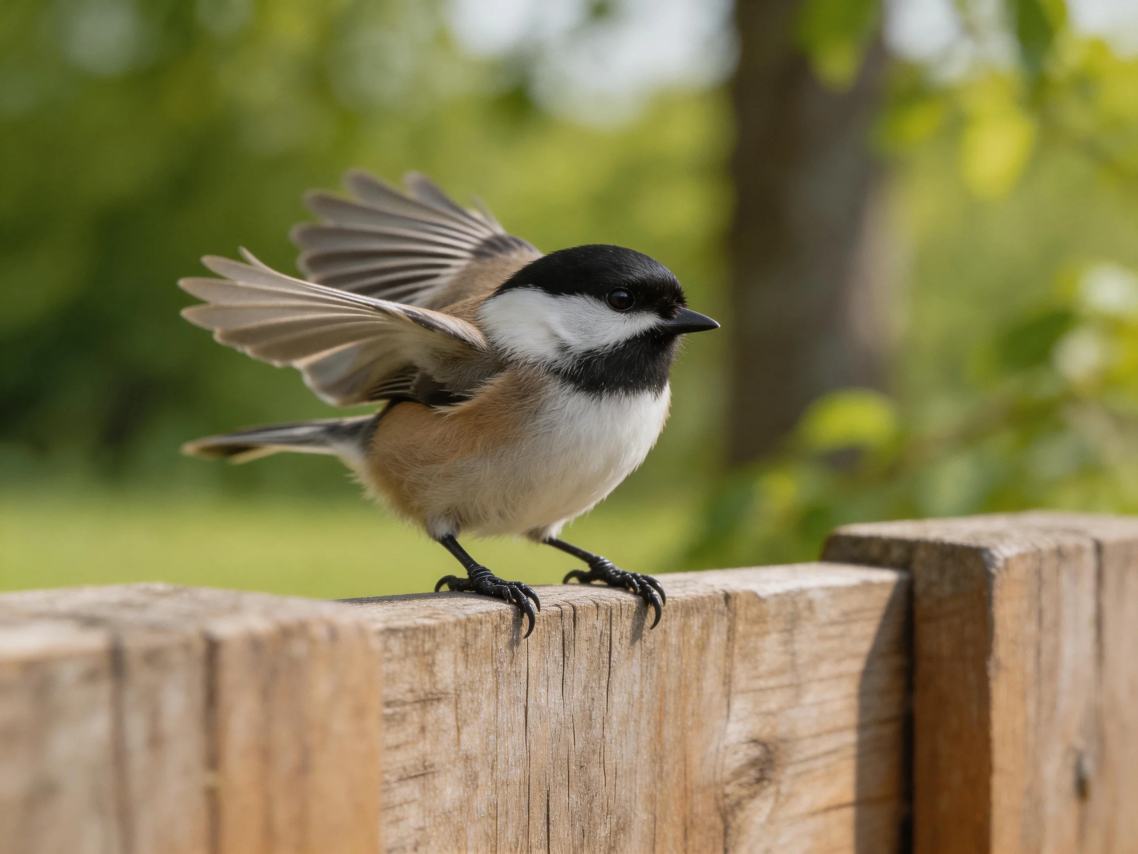 A black-capped bird spreads wings atop wooden fence