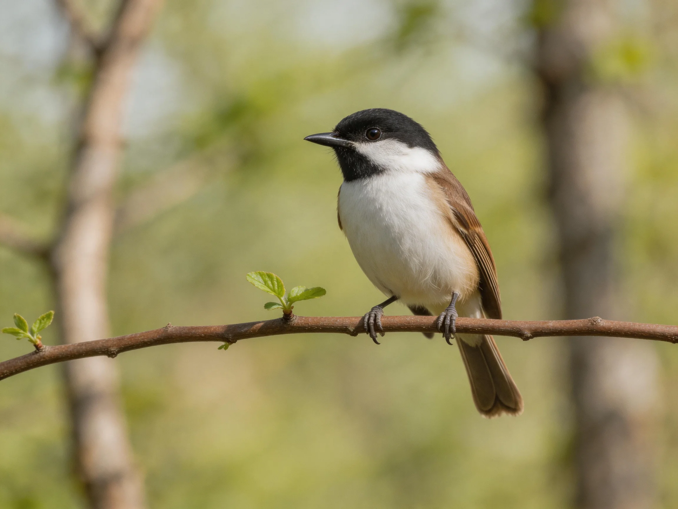 A black-capped bird with brown wings perches on a thin branch
