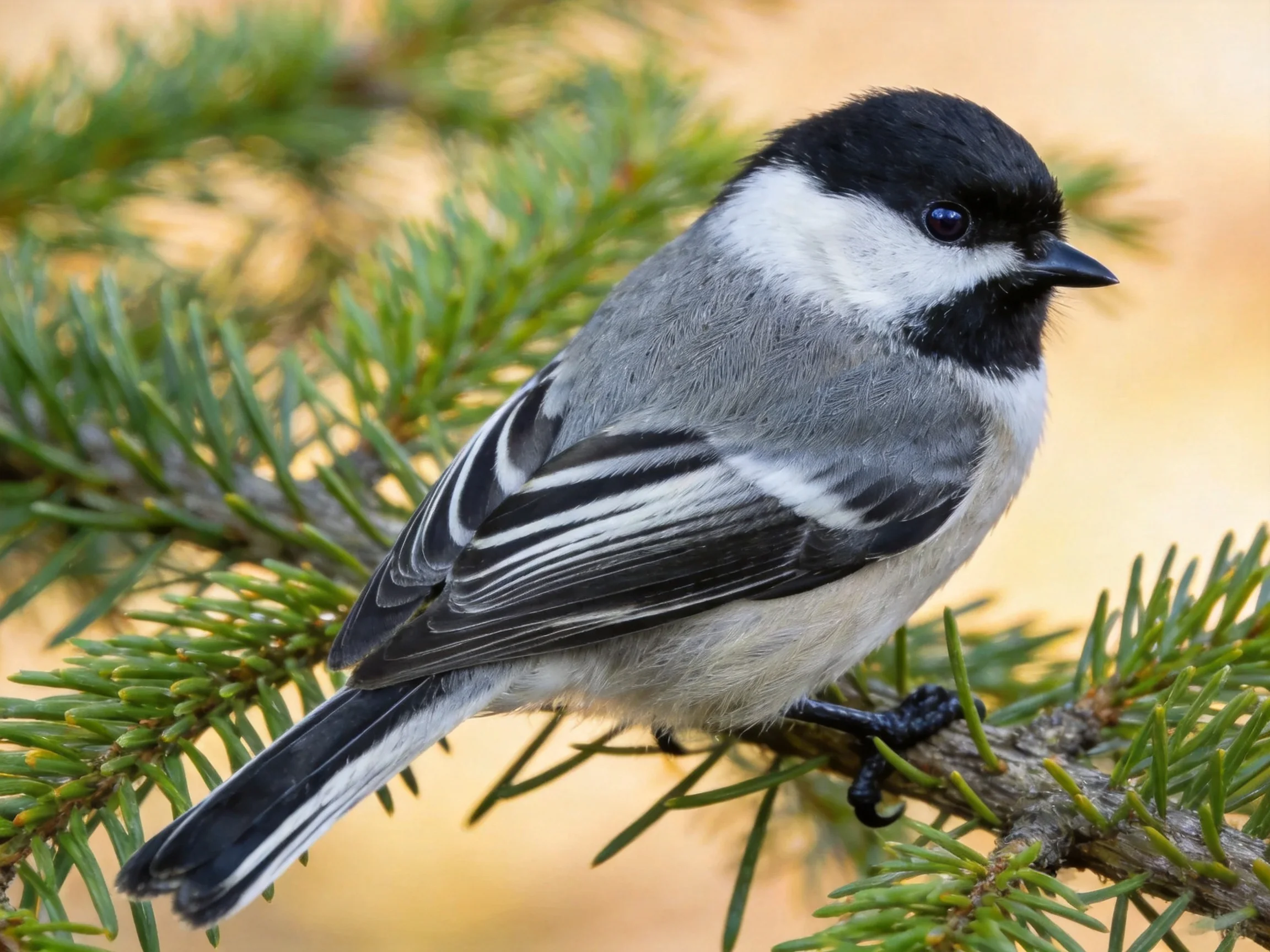 A black-capped bird with gray plumage perched on pine branches