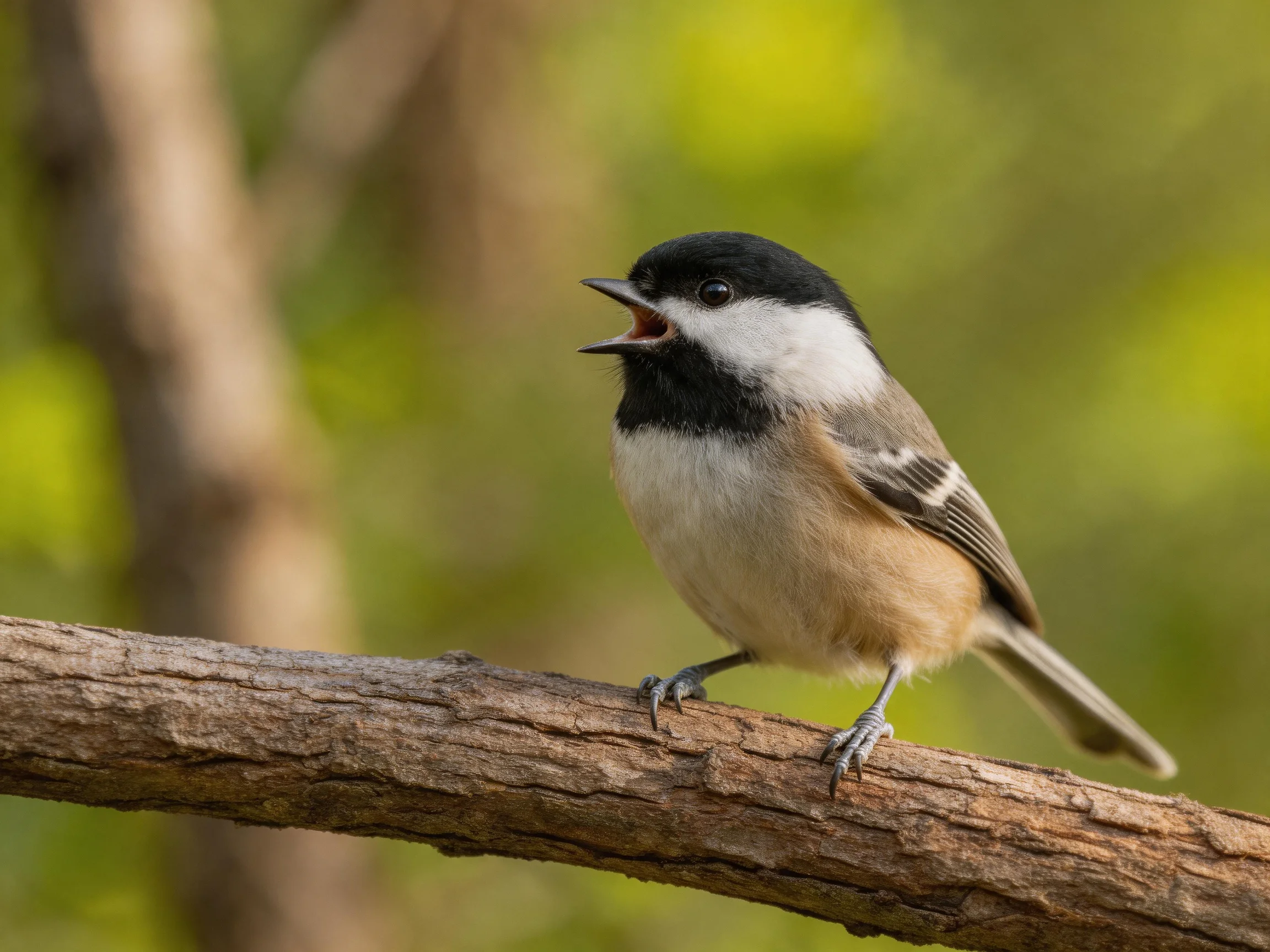 A black-capped bird with white cheeks perches on a tree branch