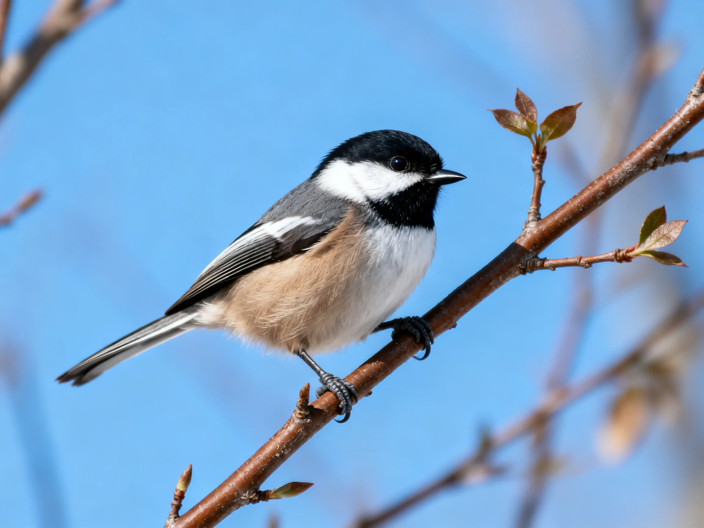 A small bird with distinct black, white, and brown plumage rests on a thin branch