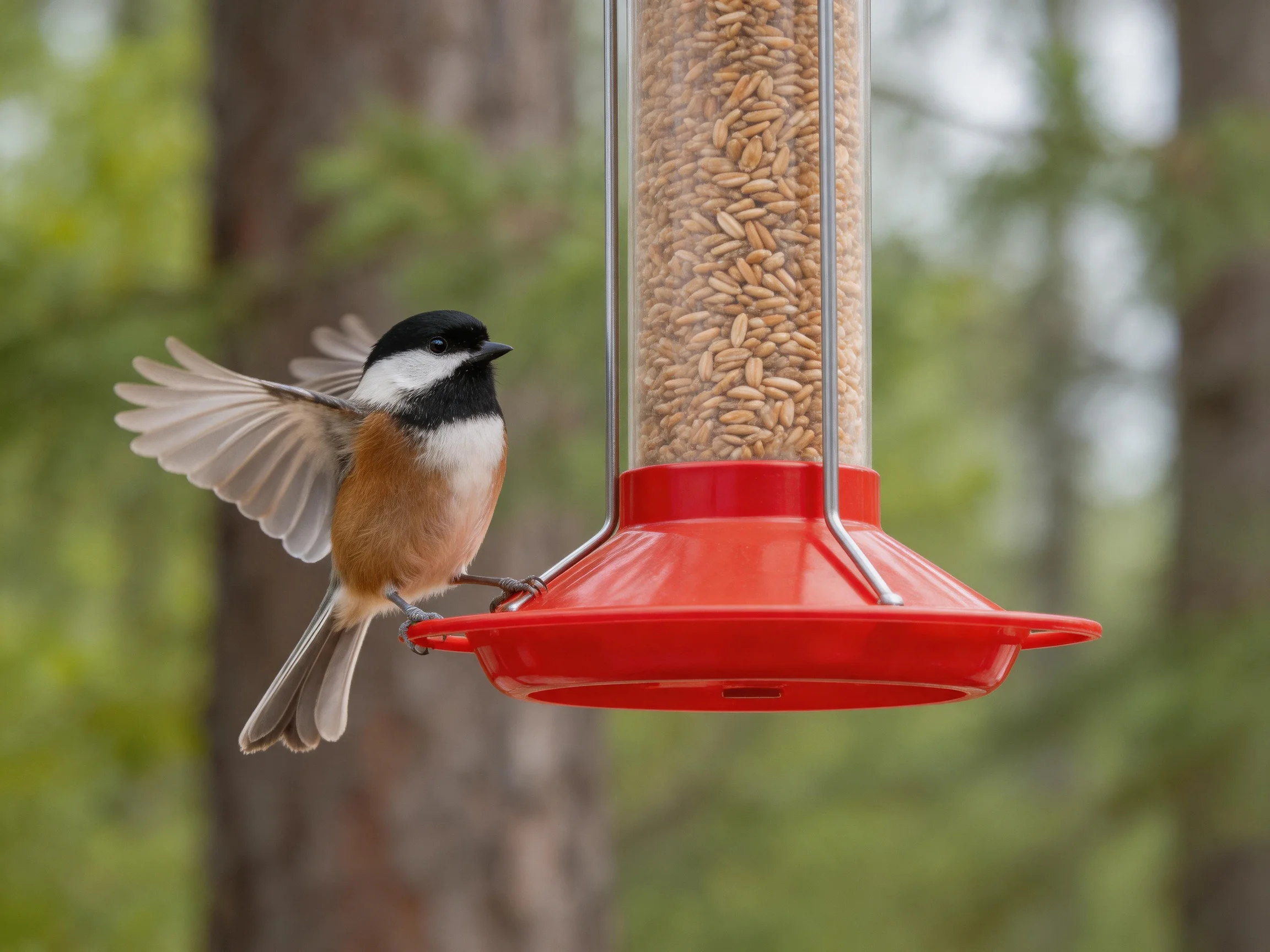 A black-capped chickadee approaches a red bird feeder filled with seeds