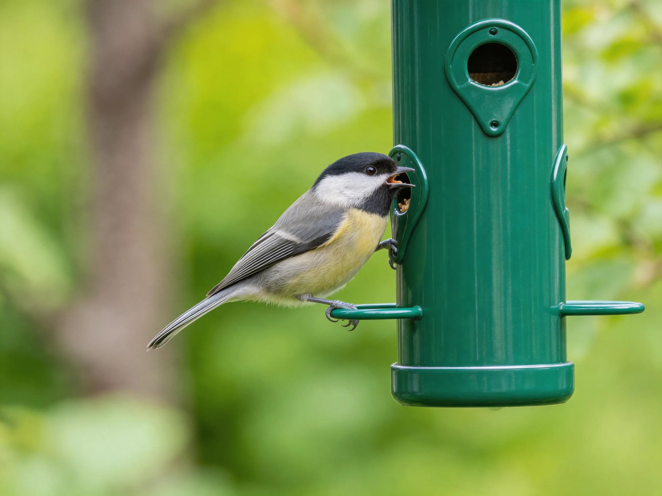 A black-capped chickadee feeds from a green bird feeder