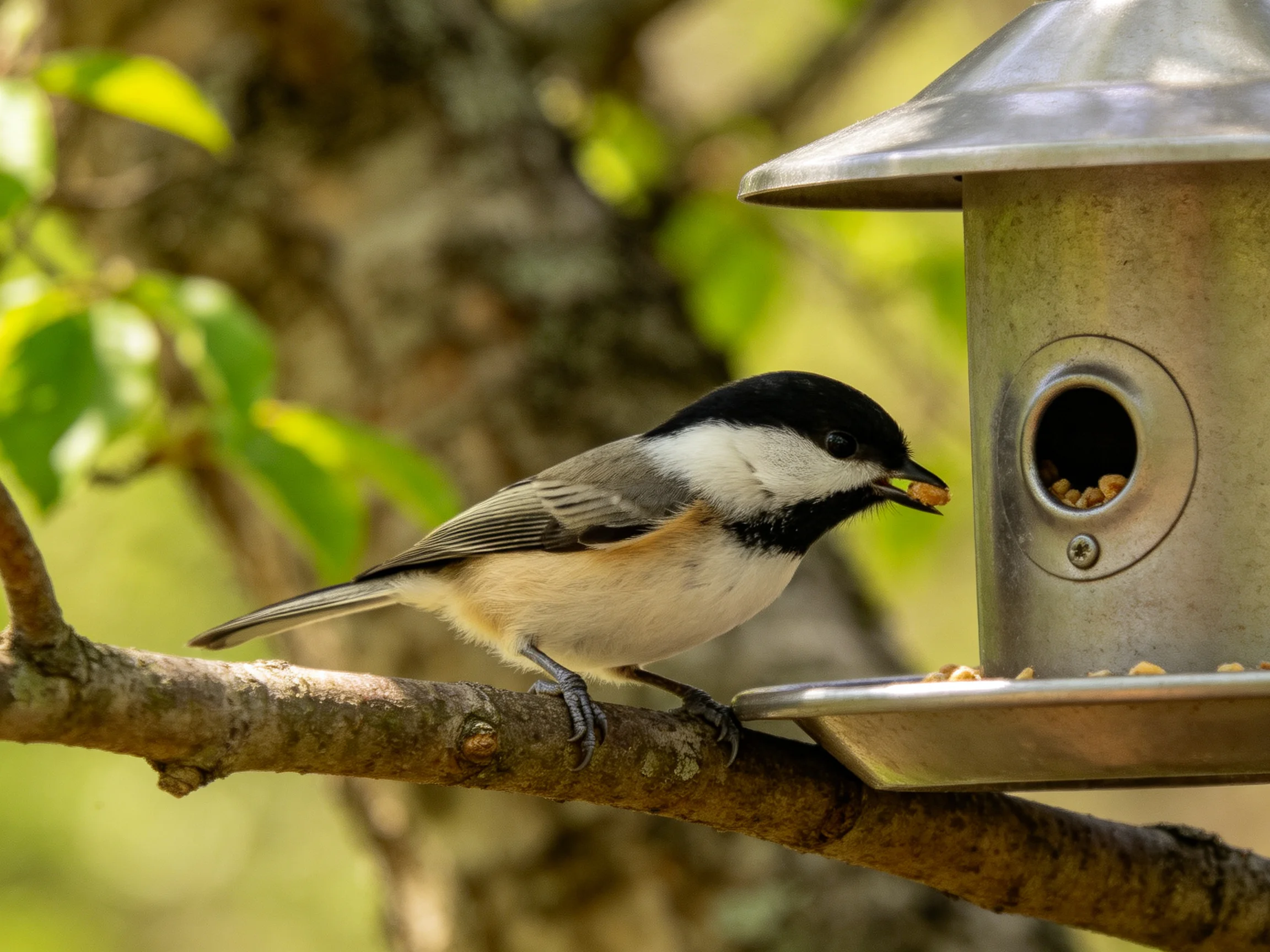 A black-capped chickadee perched near a metallic bird feeder