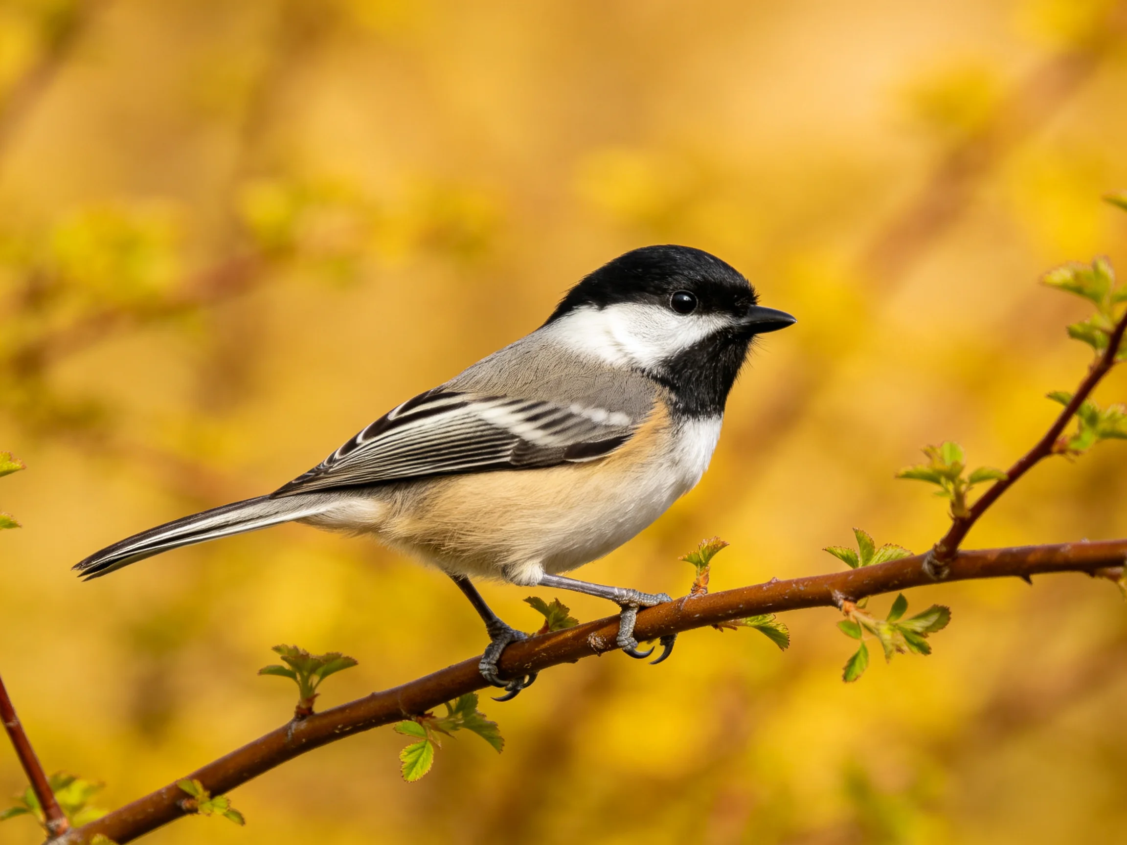 A black-capped chickadee perched on a branch amid golden foliage