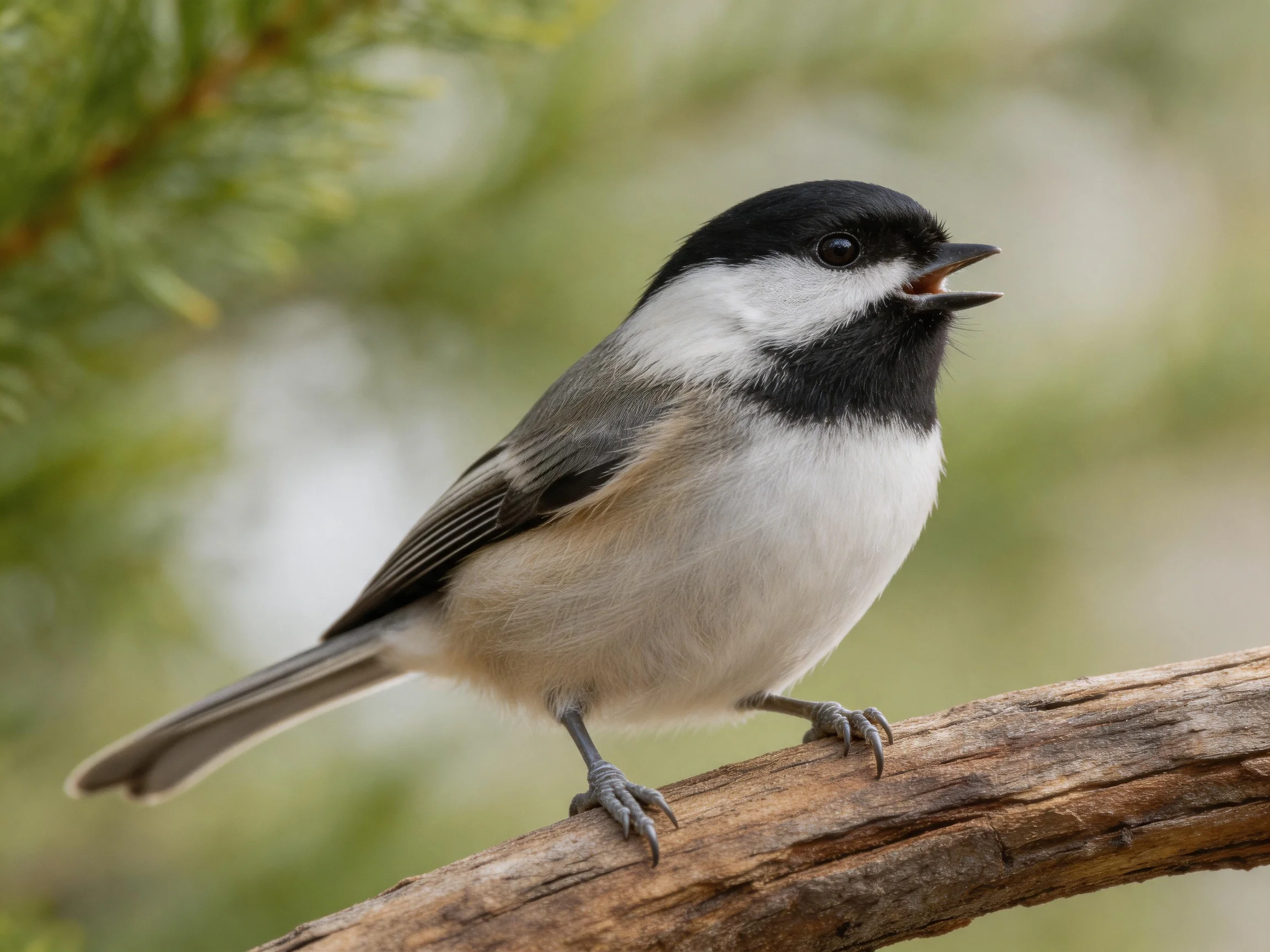 A black-capped chickadee perched on a brown wooden branch