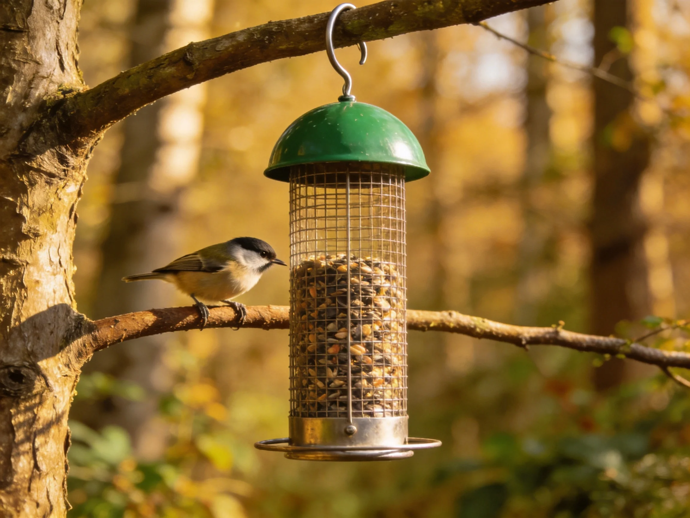A black-capped chickadee perches beside a green-topped bird feeder