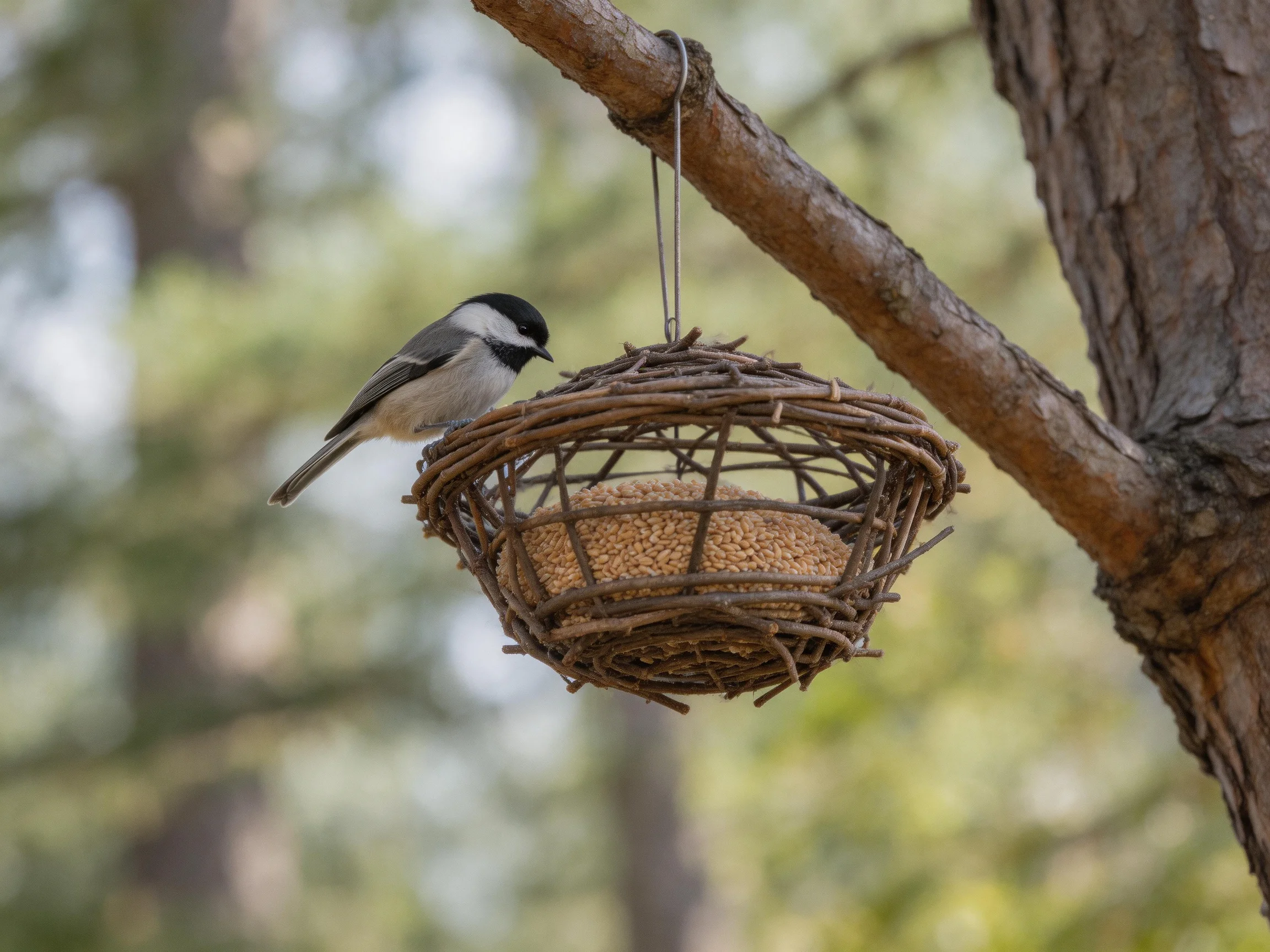A black-capped chickadee perches near a twig bird feeder hanging from a tree branch