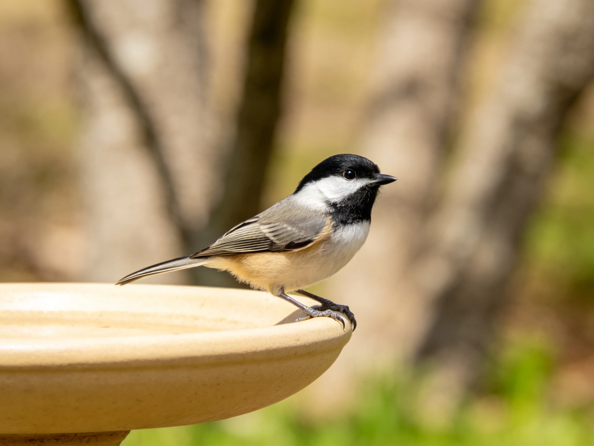 A black-capped chickadee perches on a beige birdbath near trees