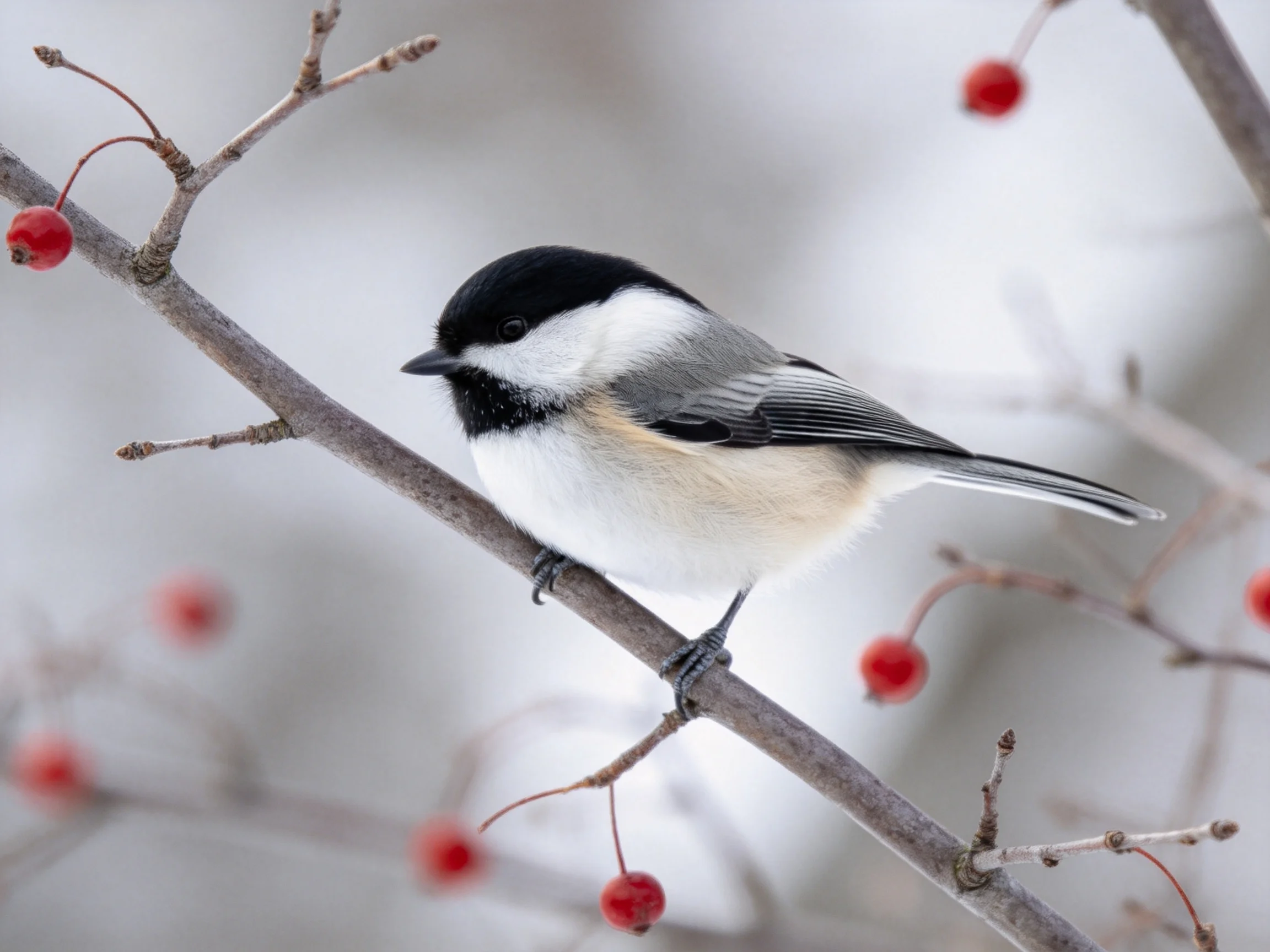 A black-capped chickadee perches on a branch with red berries
