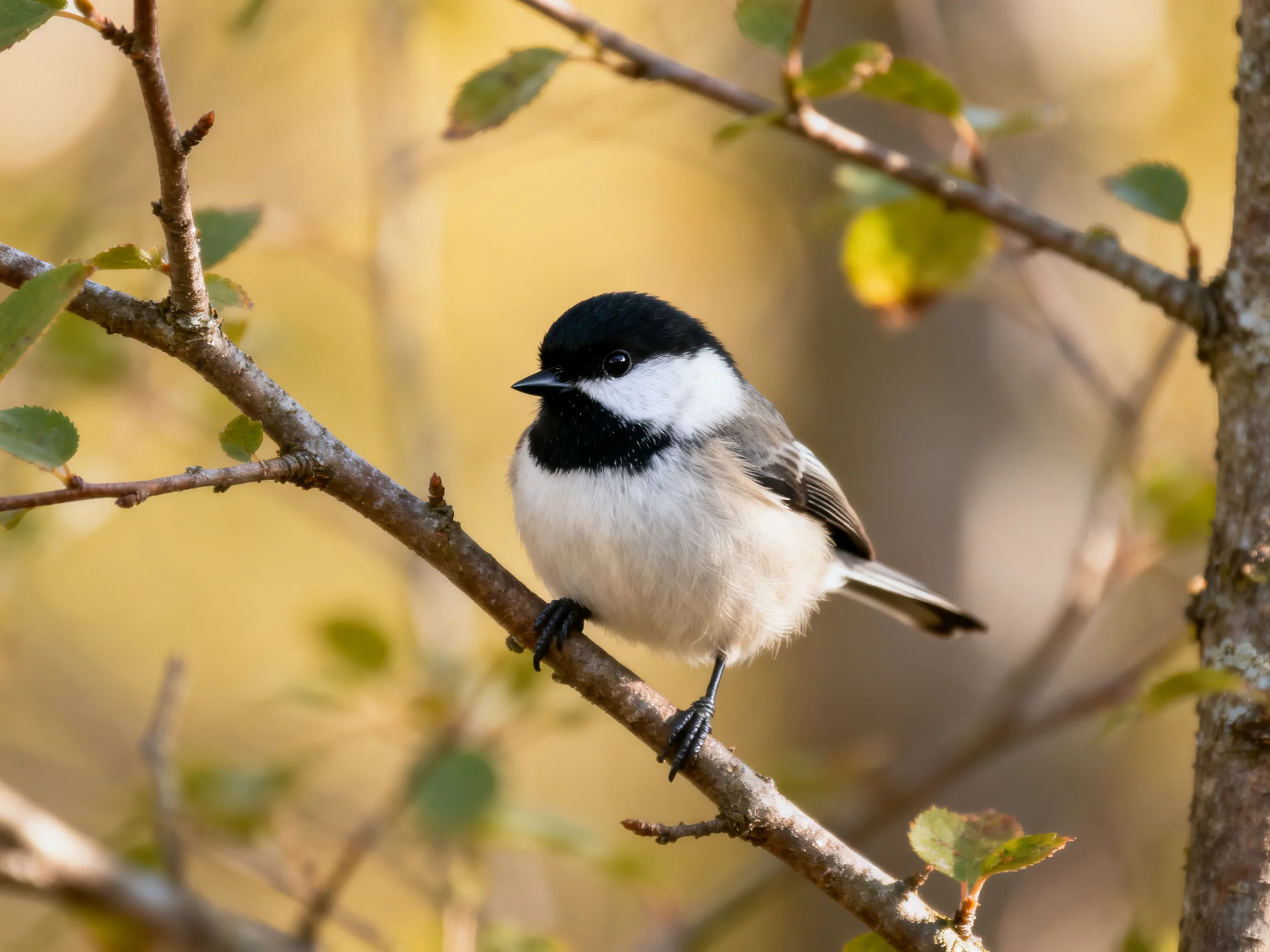 A black-capped chickadee perches on a brown tree branch