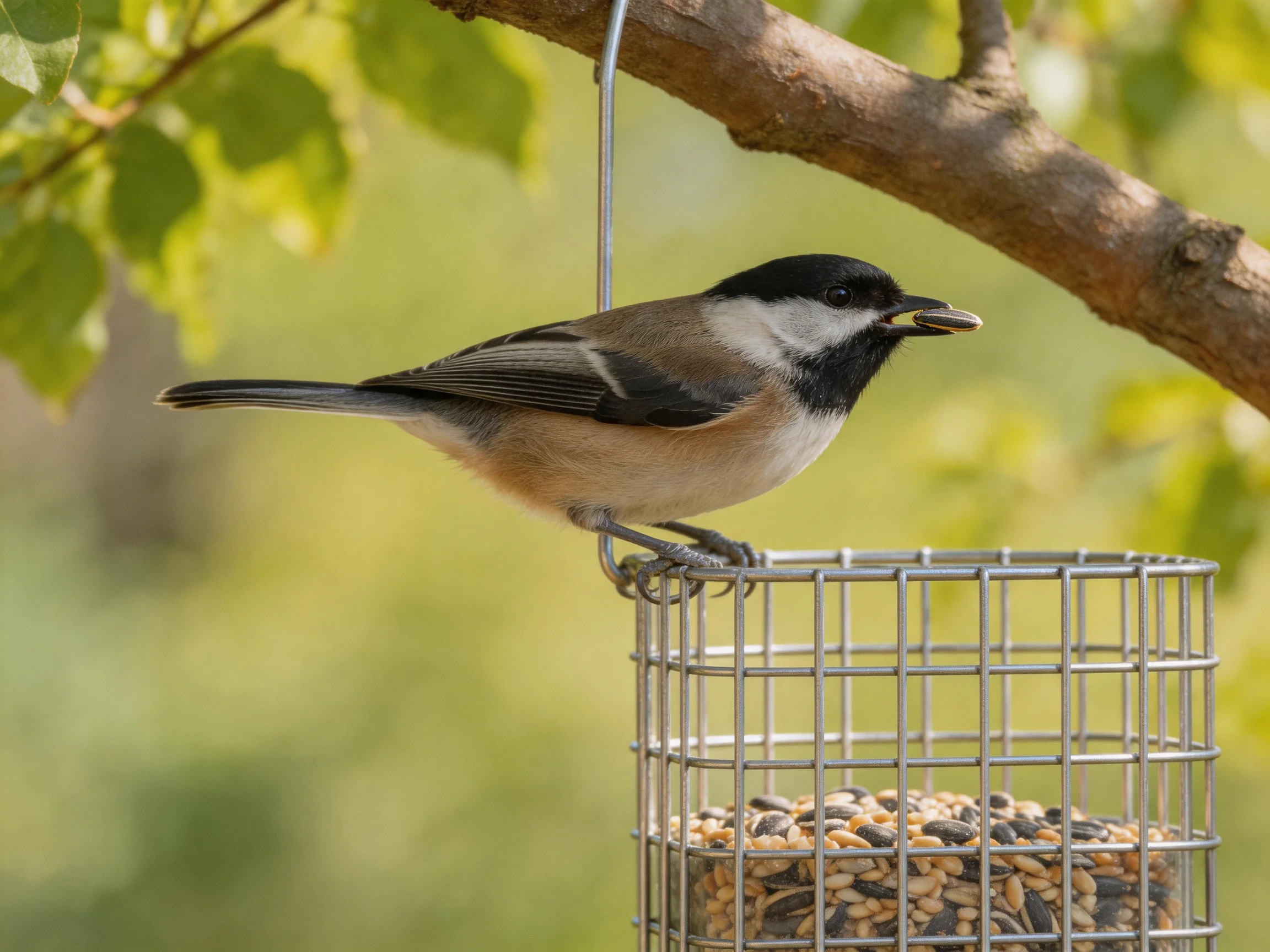 A black-capped chickadee perches on a metal wire feeder