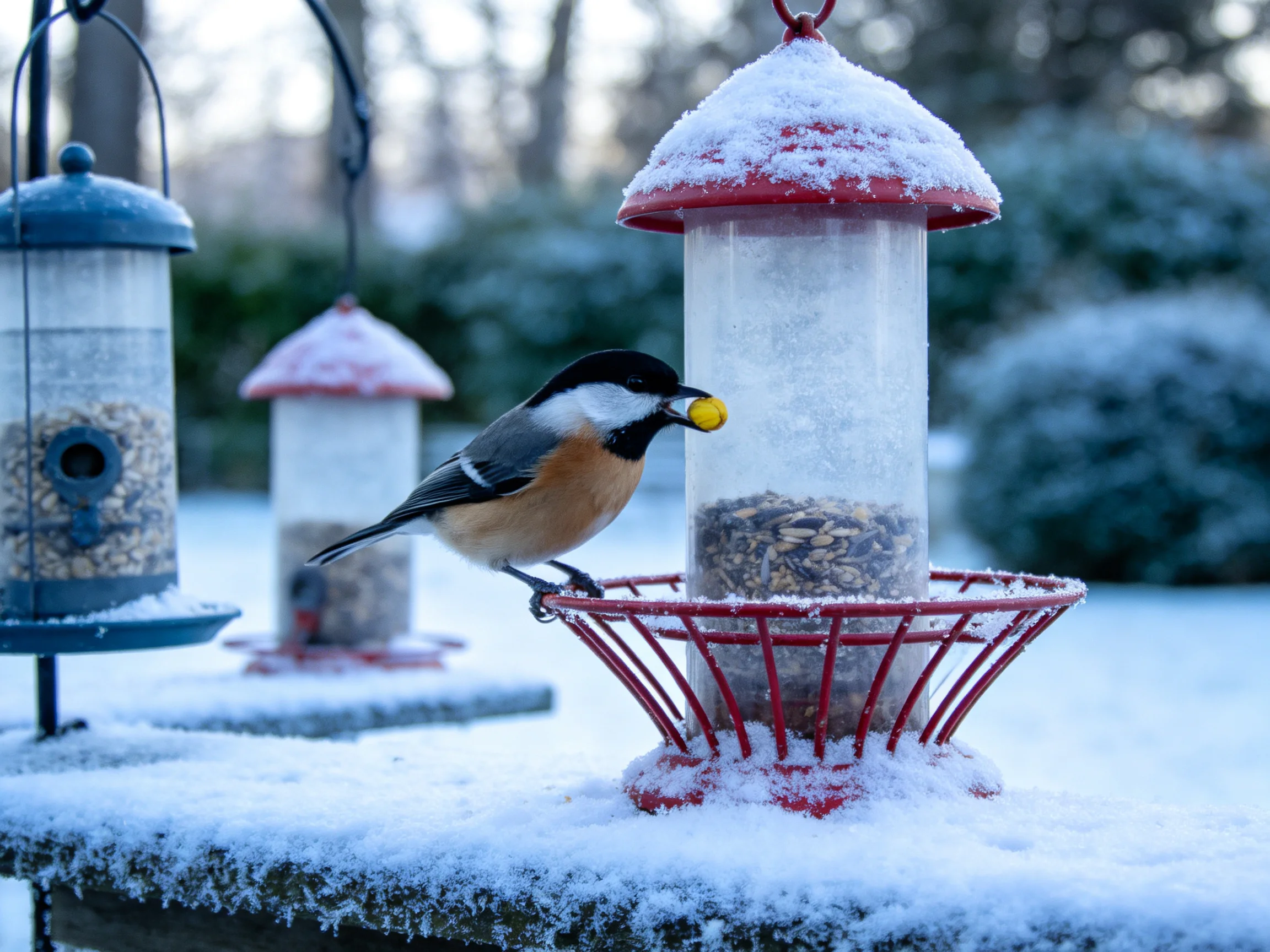 A black-capped chickadee perches on a red snow-covered feeder