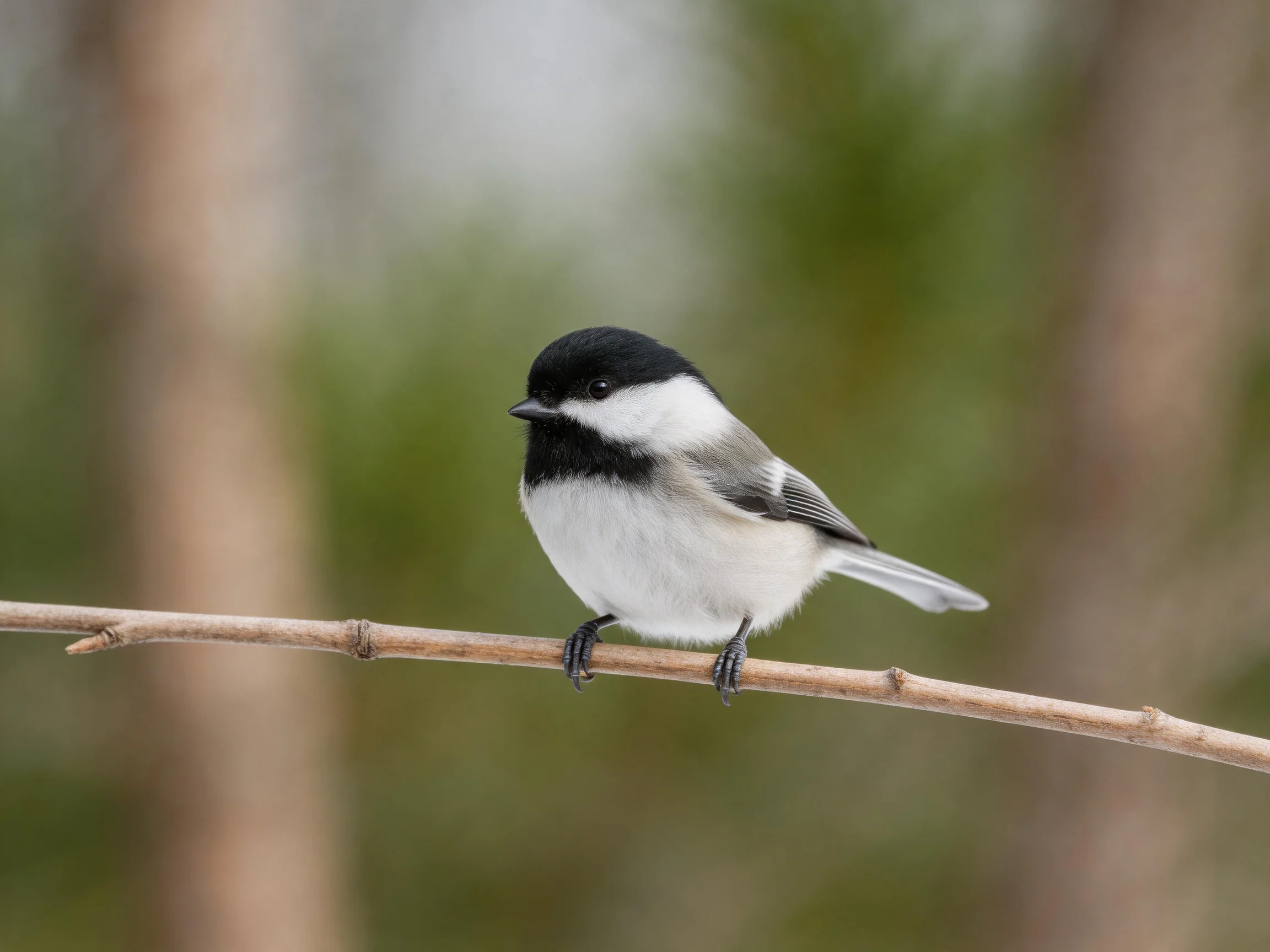 A black-capped chickadee perches on a slender branch