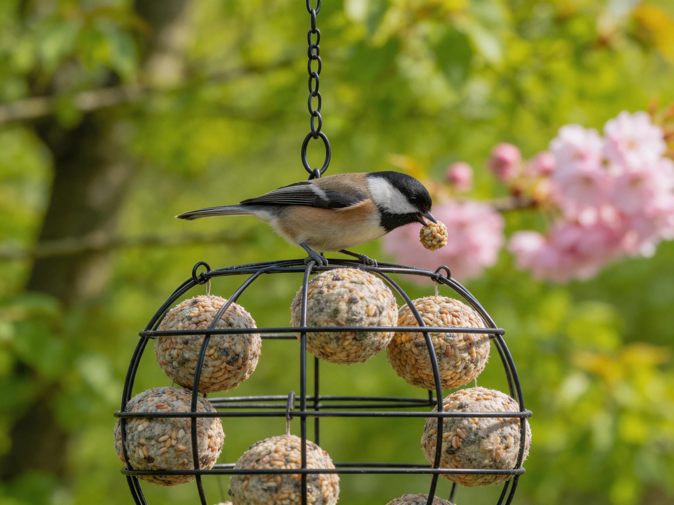 A black-capped chickadee perches on a spherical wire feeder with round seed balls