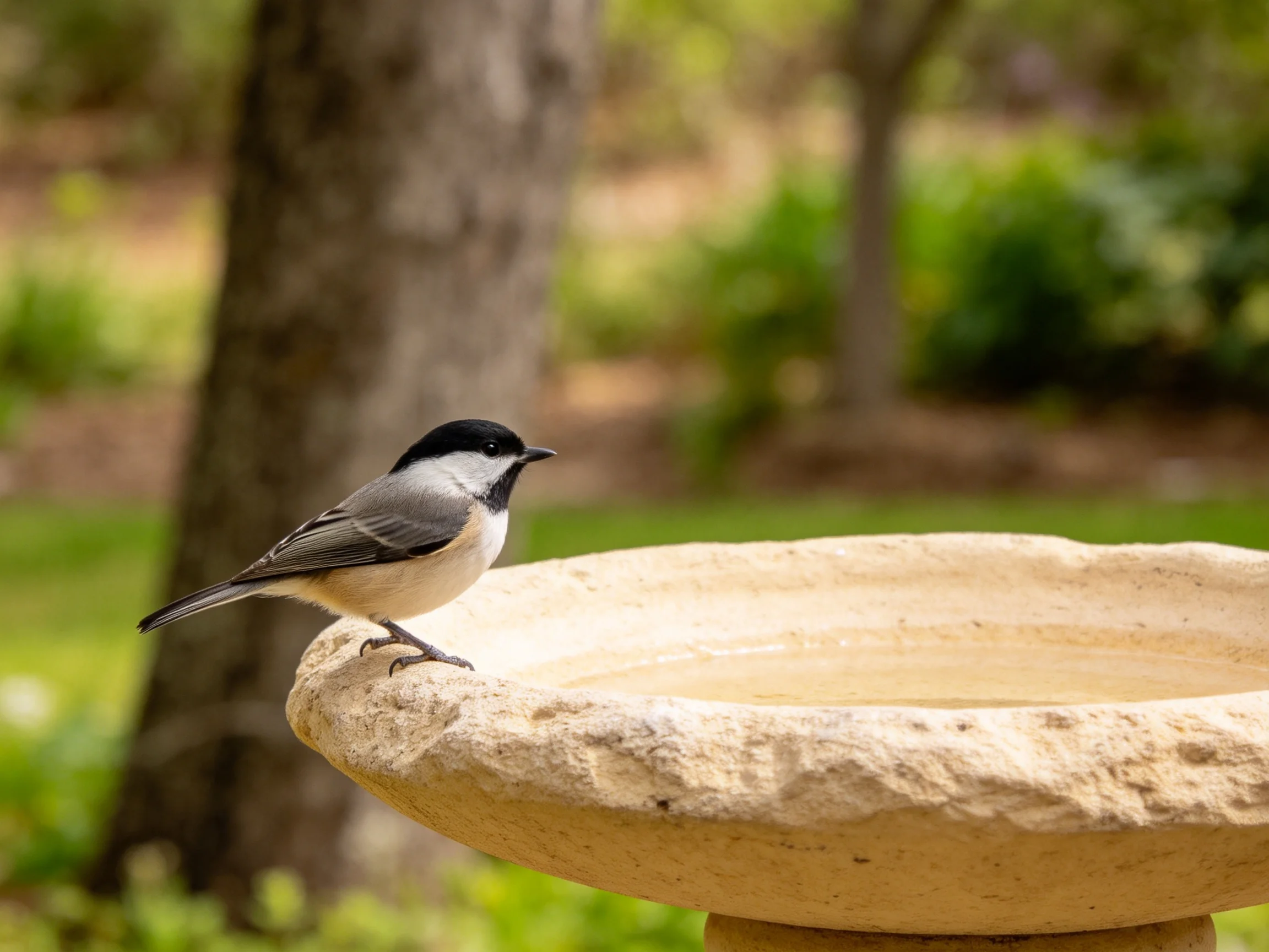 A black-capped chickadee perches on a stone birdbath