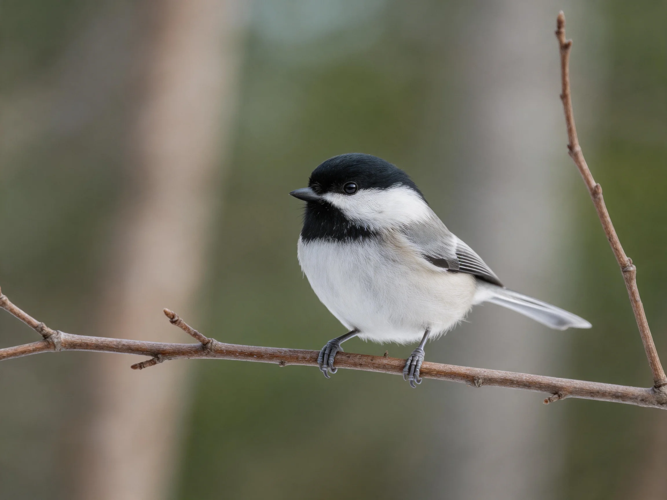 A black-capped chickadee perches on a thin tree branch