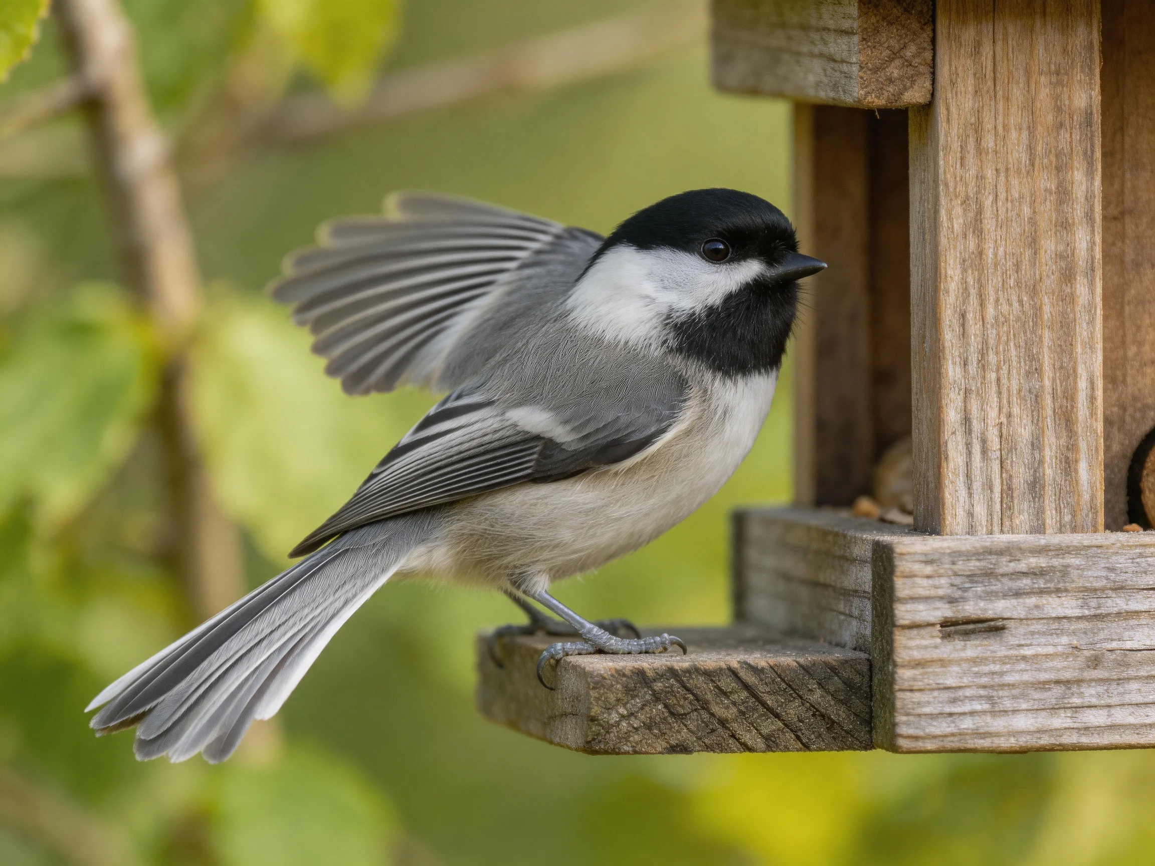 A black-capped chickadee perches on a wooden bird feeder
