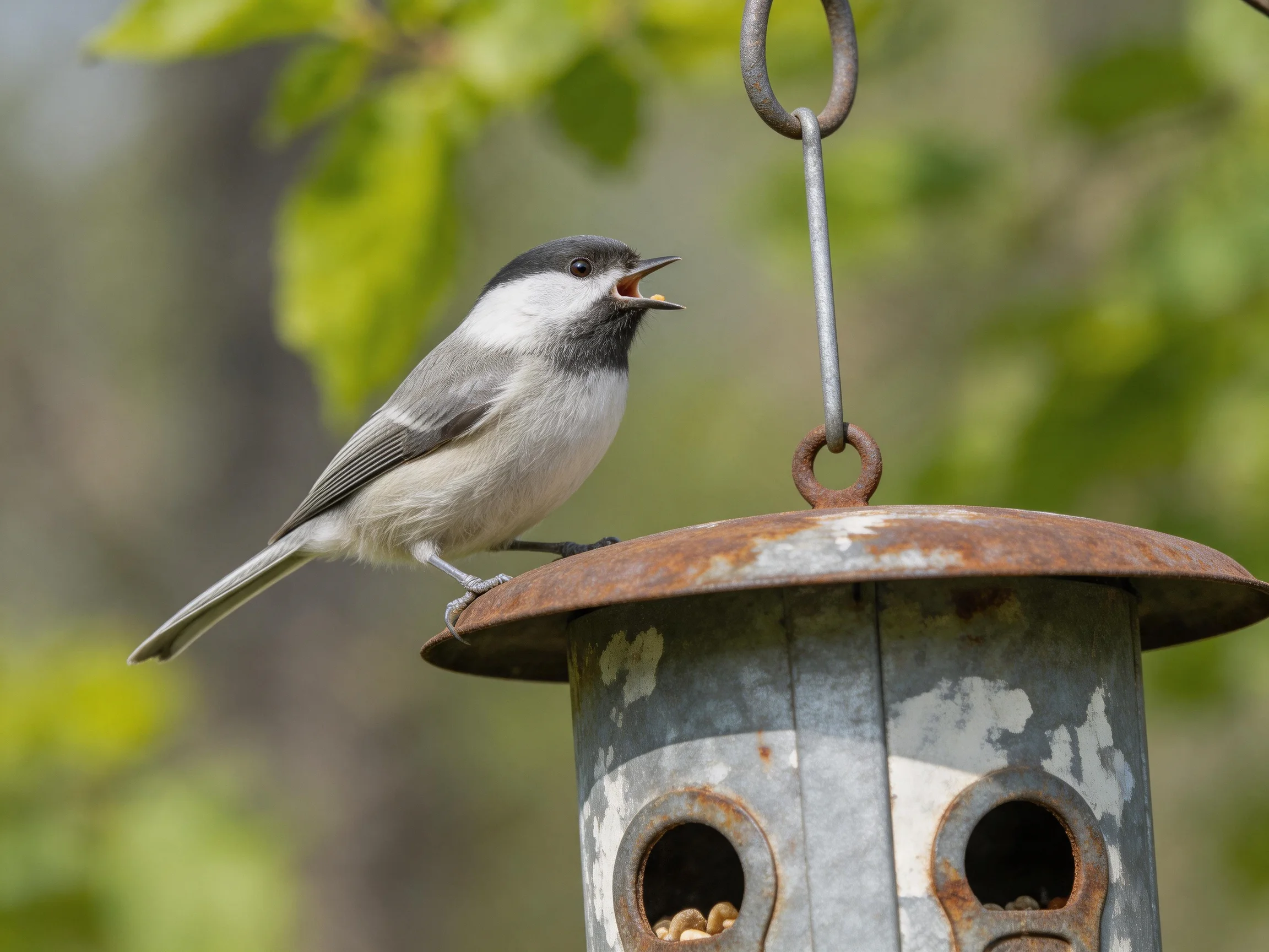 A black-capped chickadee perches on an aged metal bird feeder