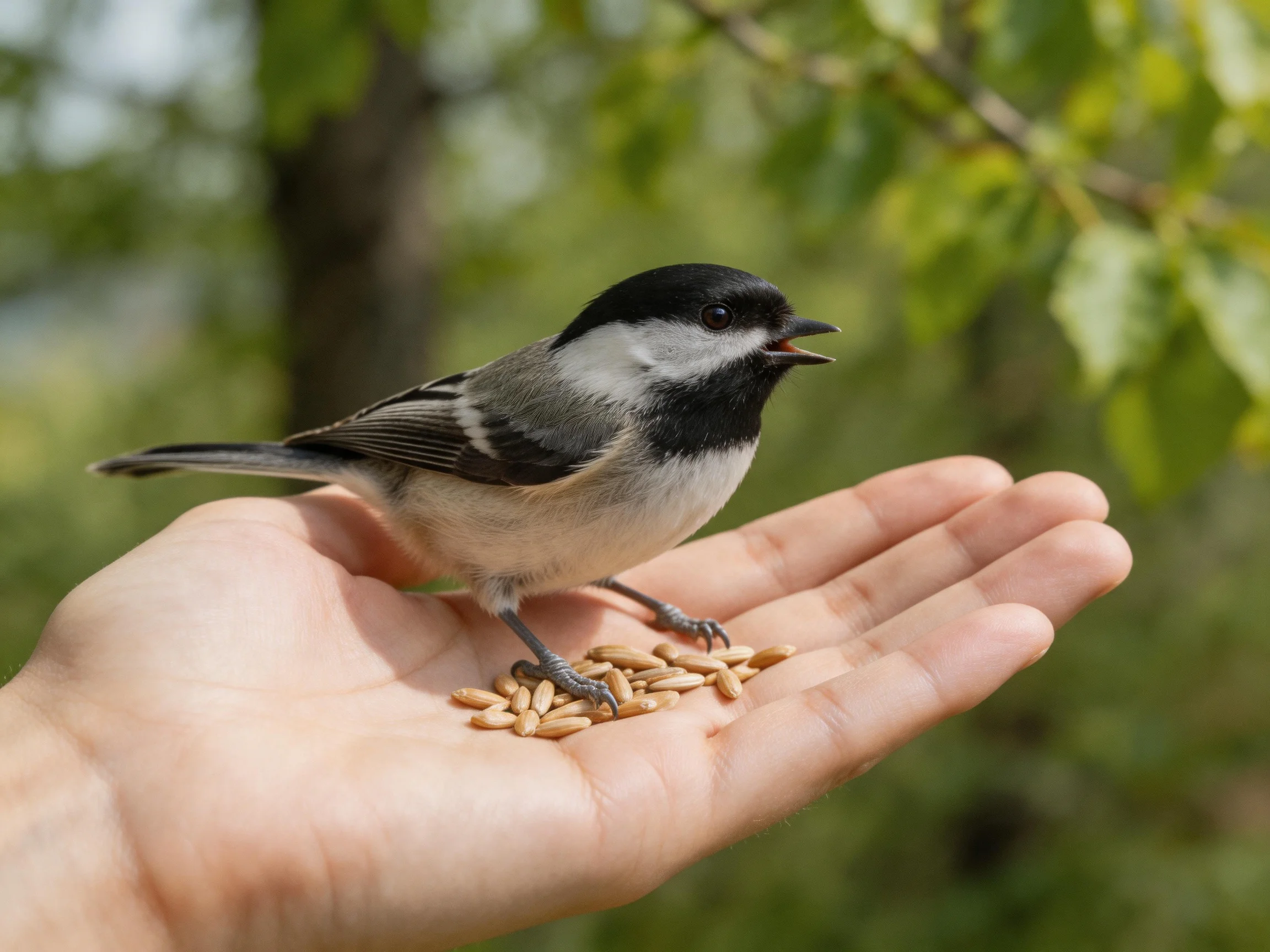 A black-capped chickadee perches on an outstretched palm with seeds
