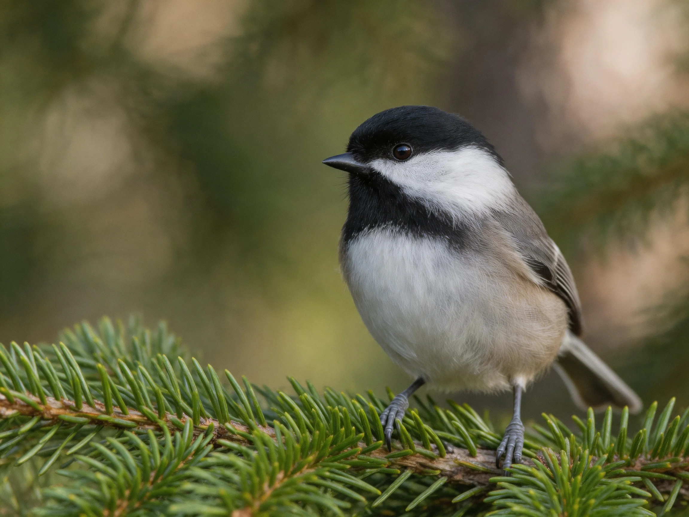 A black-capped chickadee perches on vibrant green pine branches