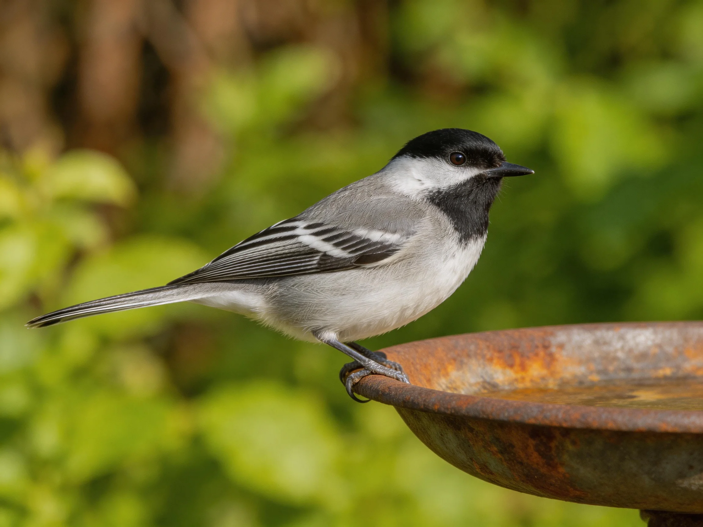 A black-capped gray and white bird perches on a rusted birdbath