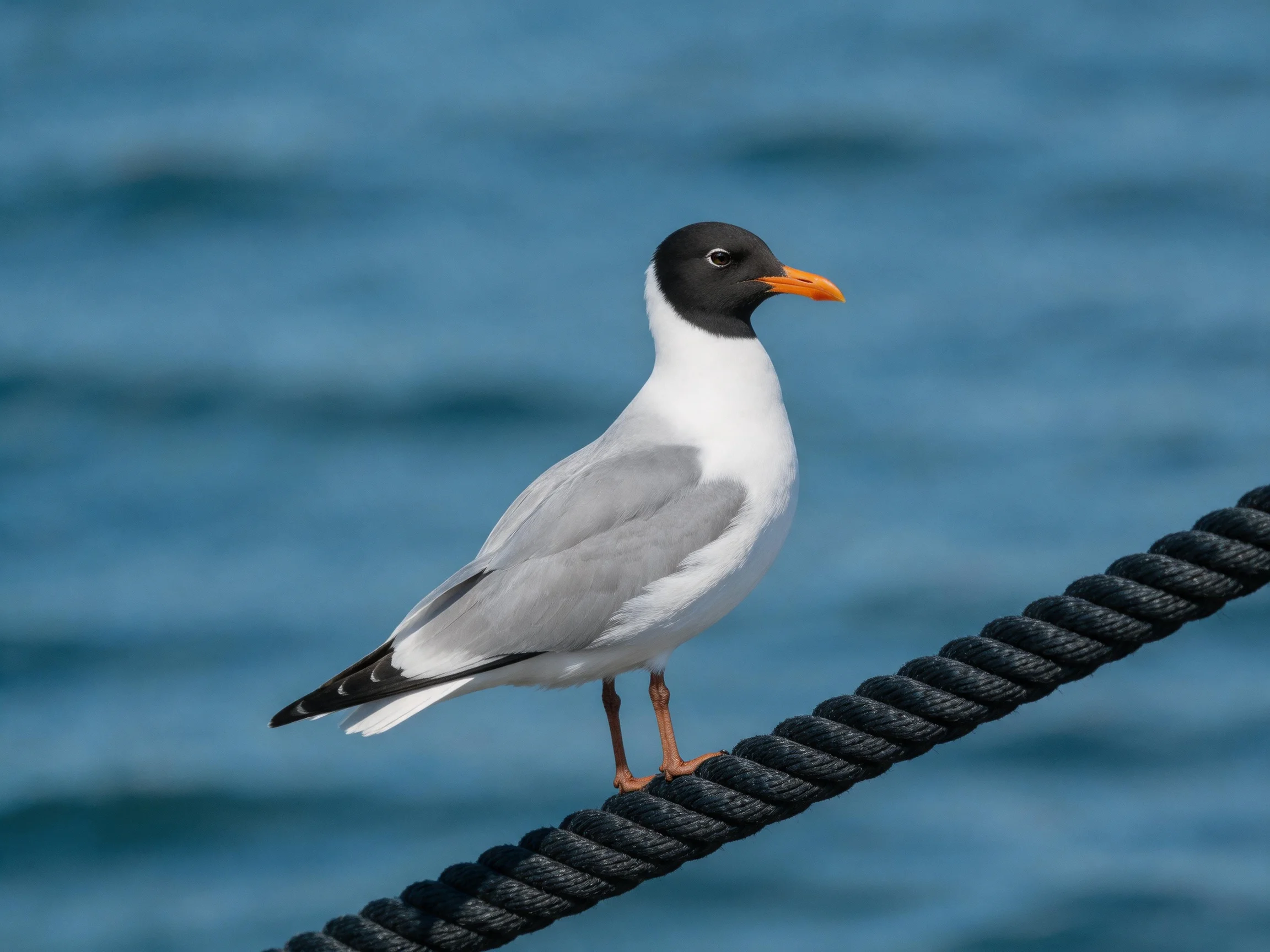 A black-capped gull perched on a thick rope near blue water