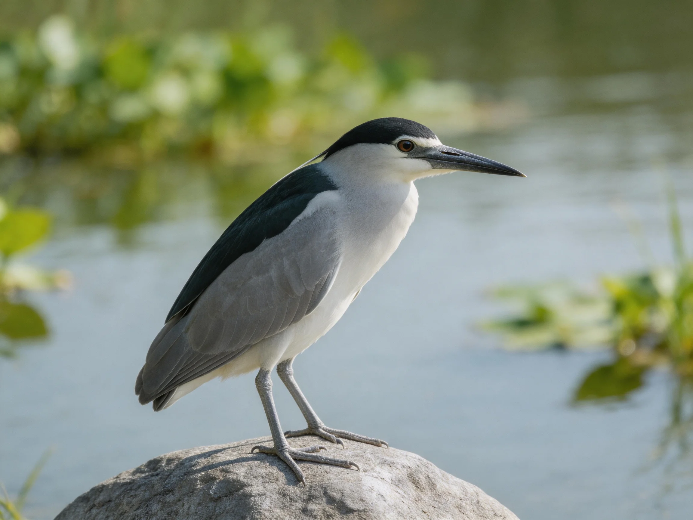 A black-capped heron perched on a gray rock by calm waters