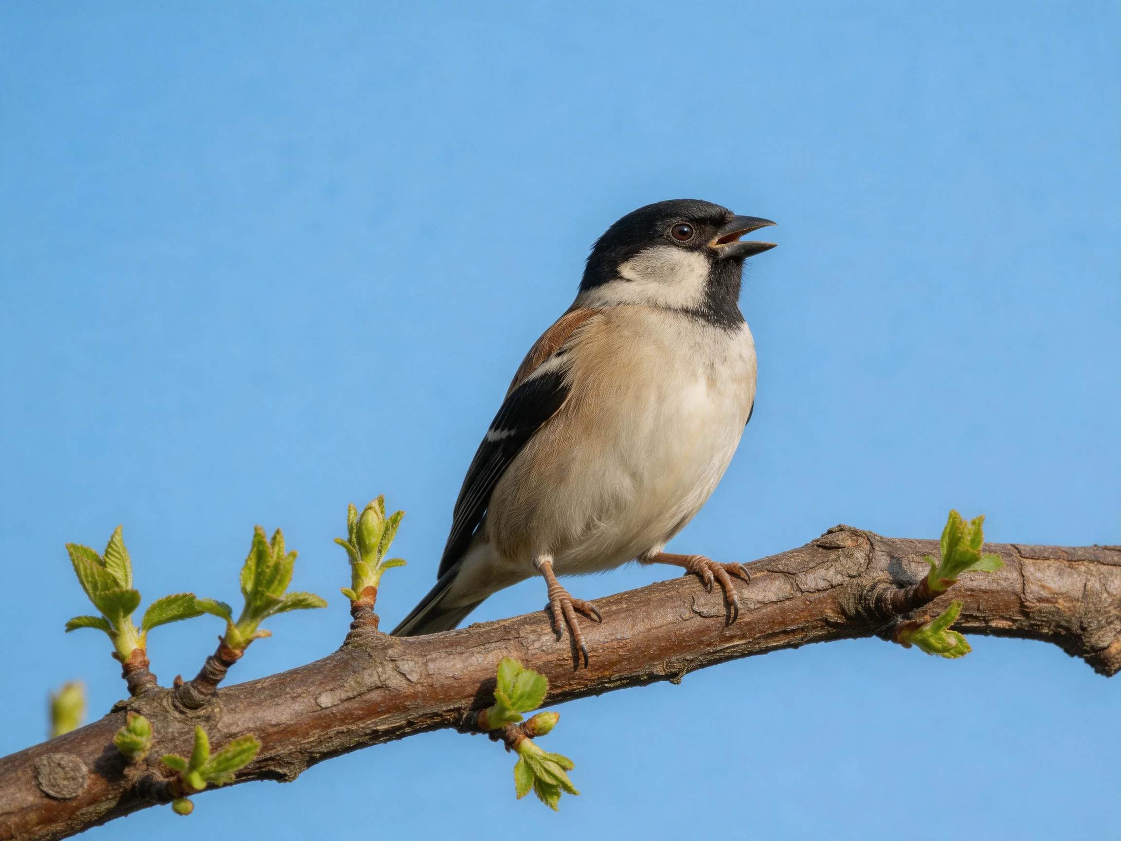 A black-capped sparrow perched on a budding tree branch under clear blue sky