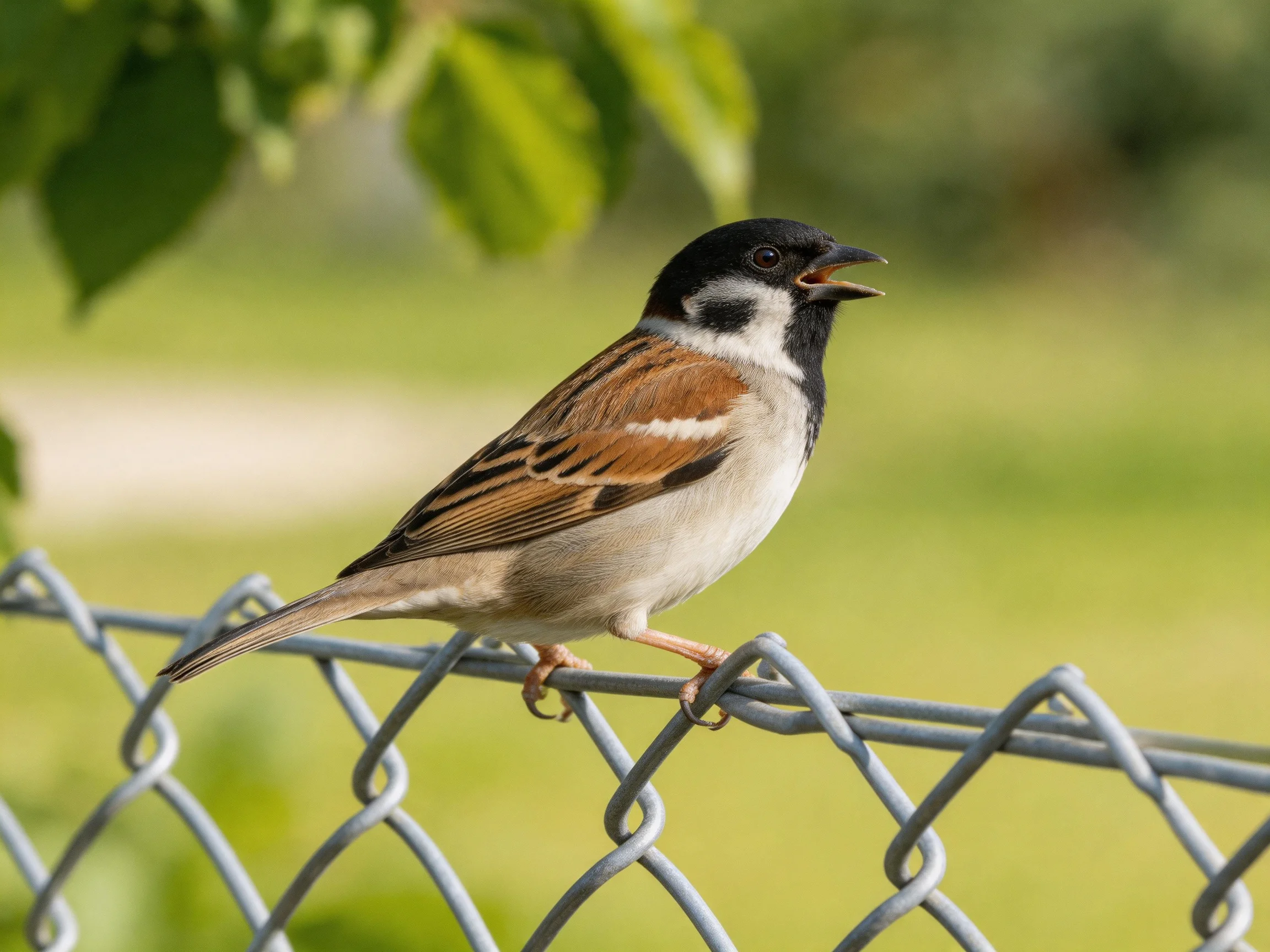 A black-capped sparrow perched on a silver chain-link fence