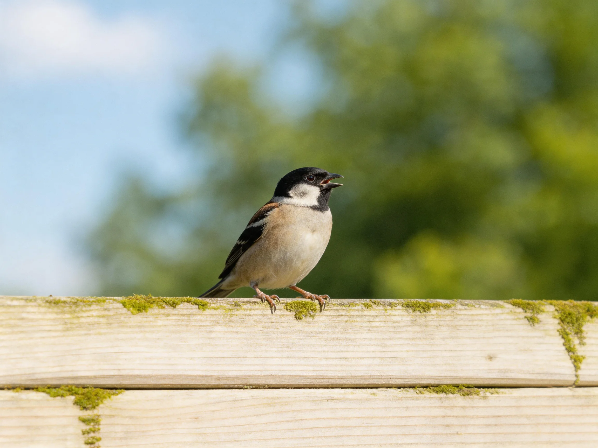 A black-capped sparrow perches on a mossy wooden beam