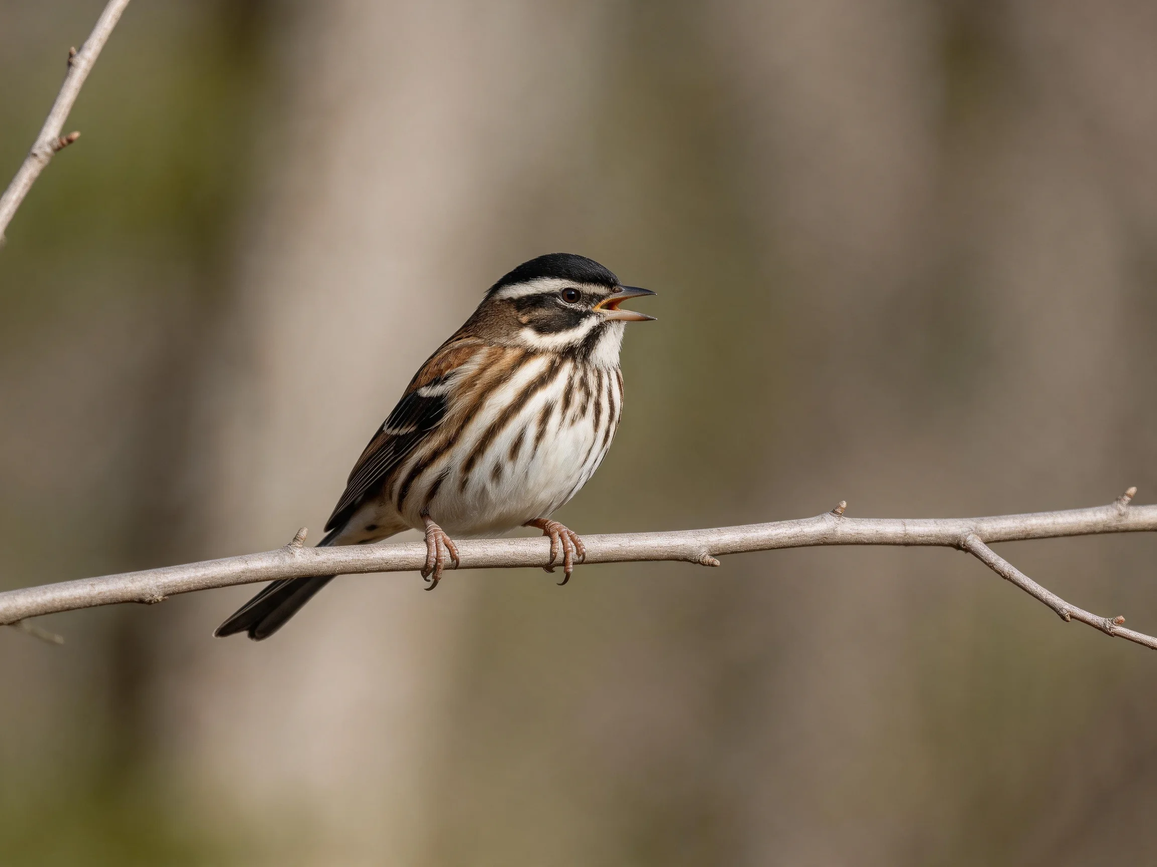 A black-capped striped songbird perched on a slender branch
