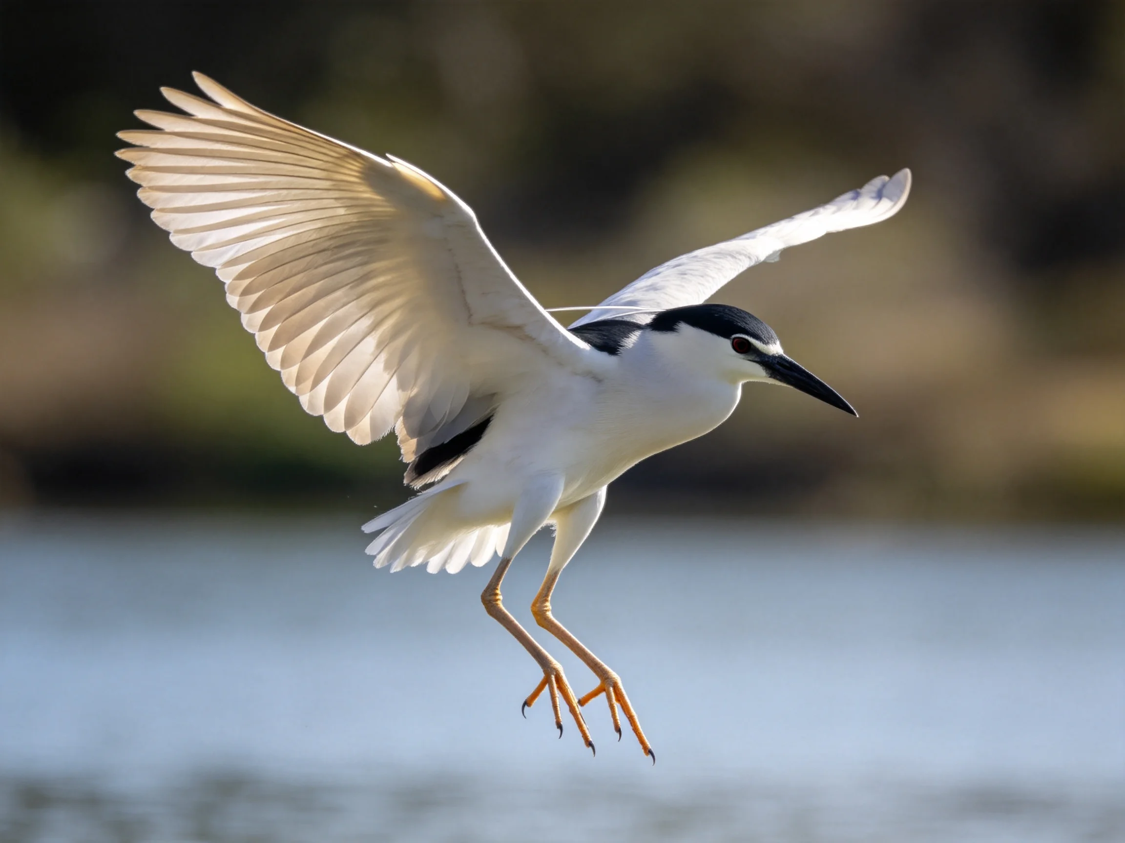 A black-capped white bird flies over tranquil water