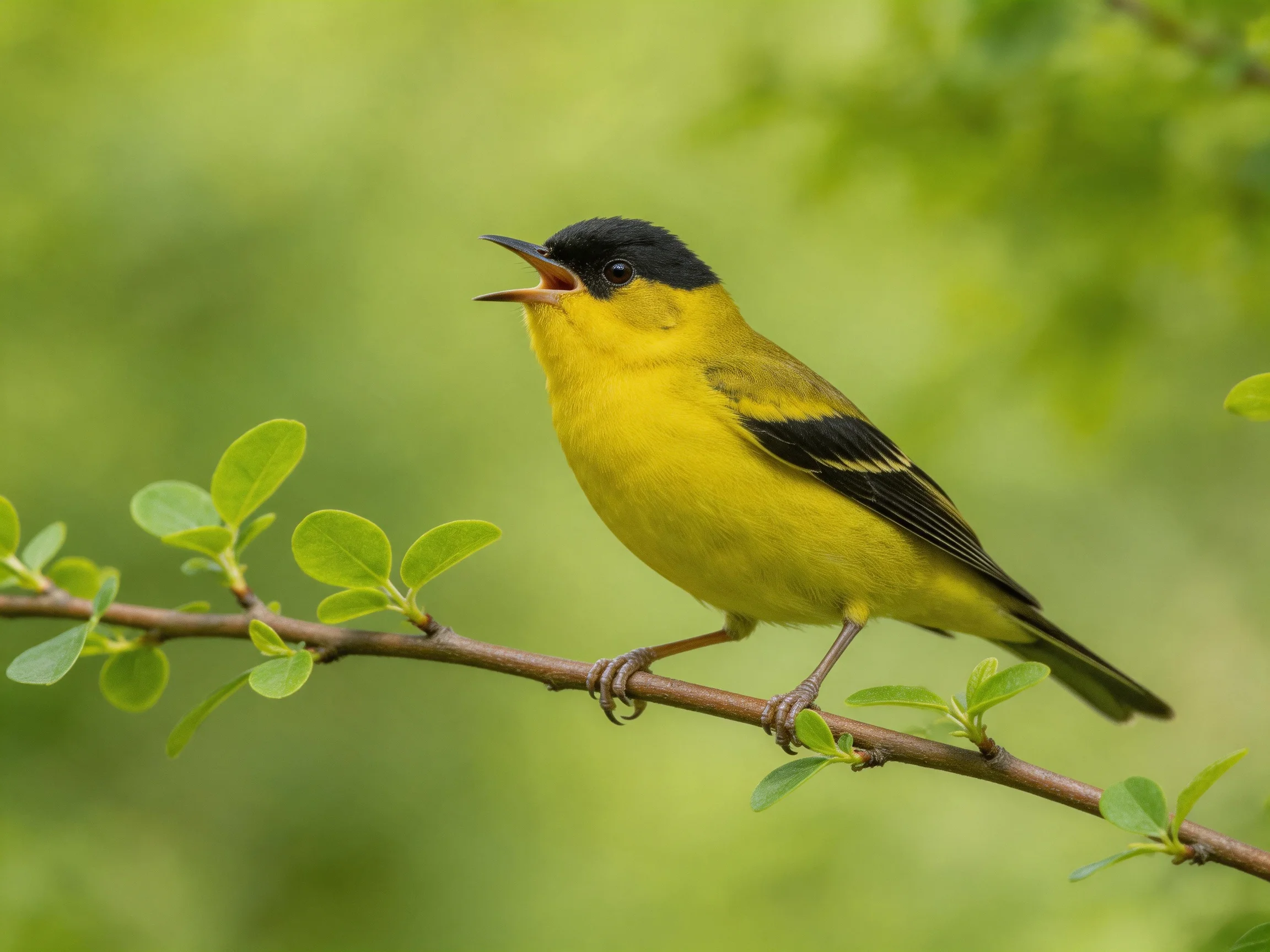 A black-capped yellow bird percheson a leafy branch