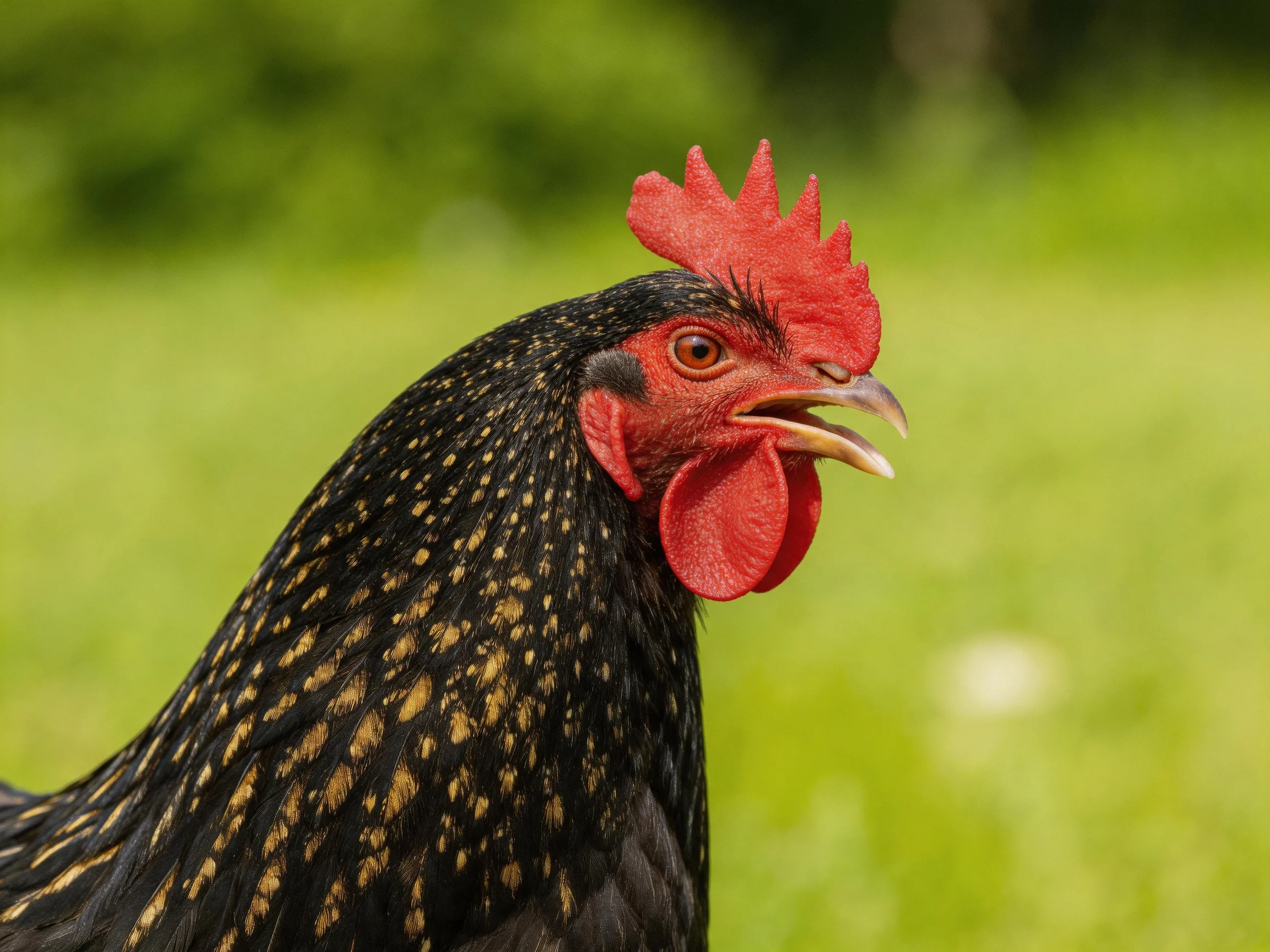 A black chicken with golden speckles and vibrant red head features
