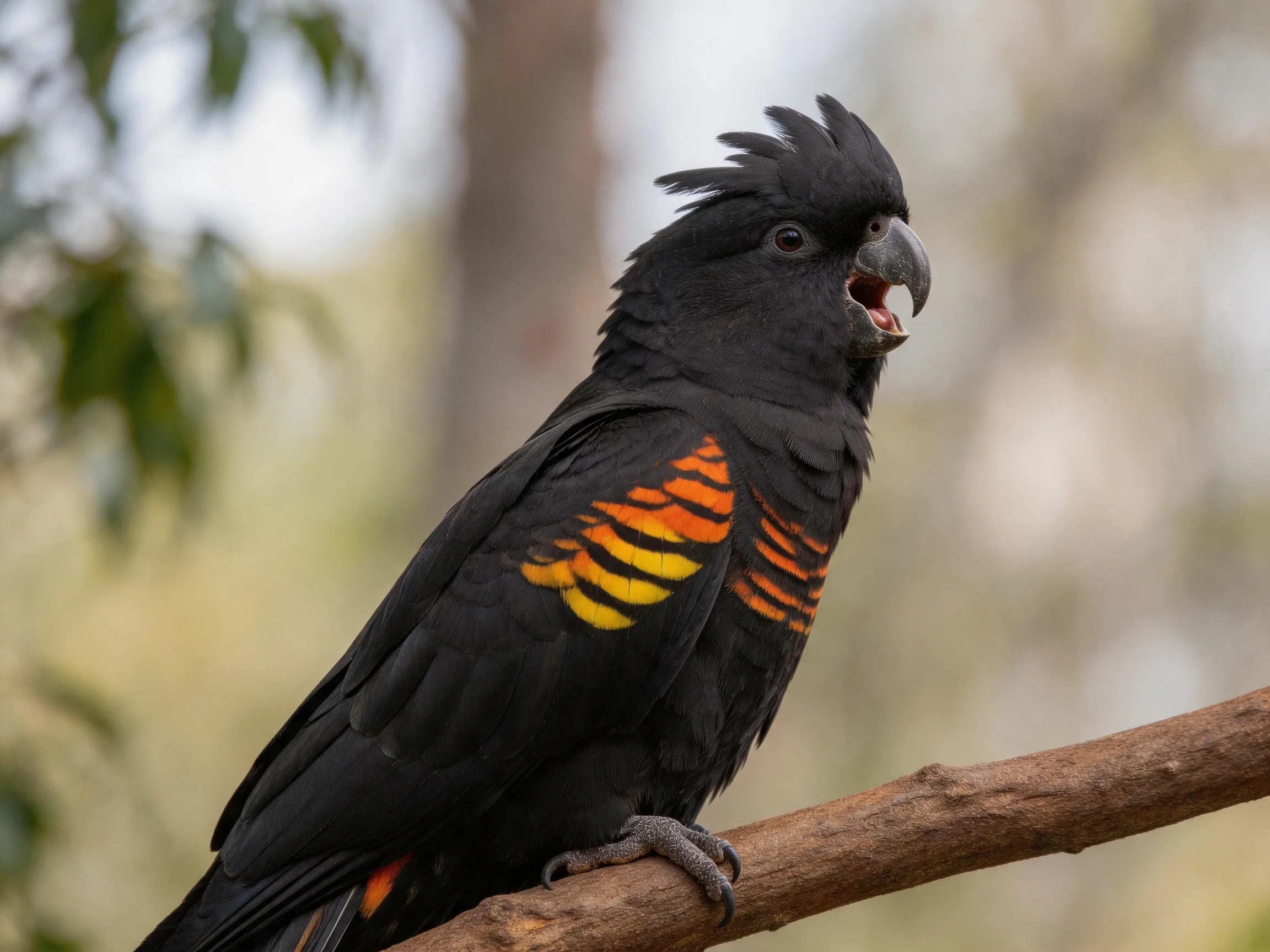 A black cockatoo with orange-yellow wing patches perched on a wooden branch
