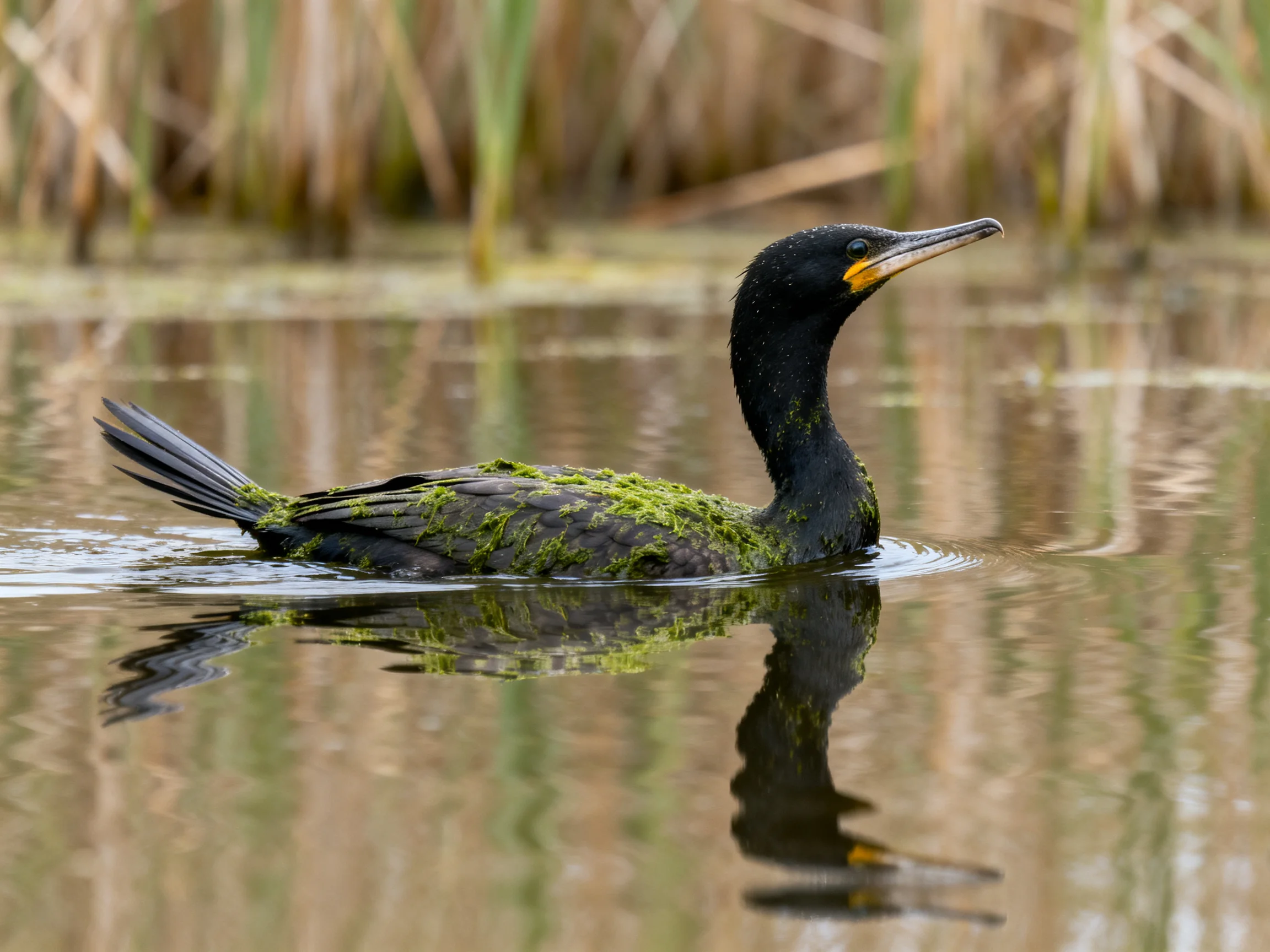 A black cormorant covered in green algae swims in calm waters