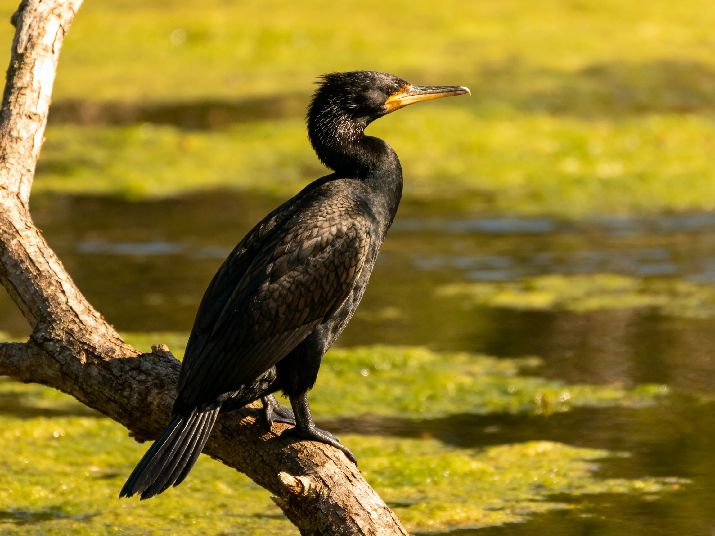 A black cormorant perches on a gnarled branch by algae-covered water