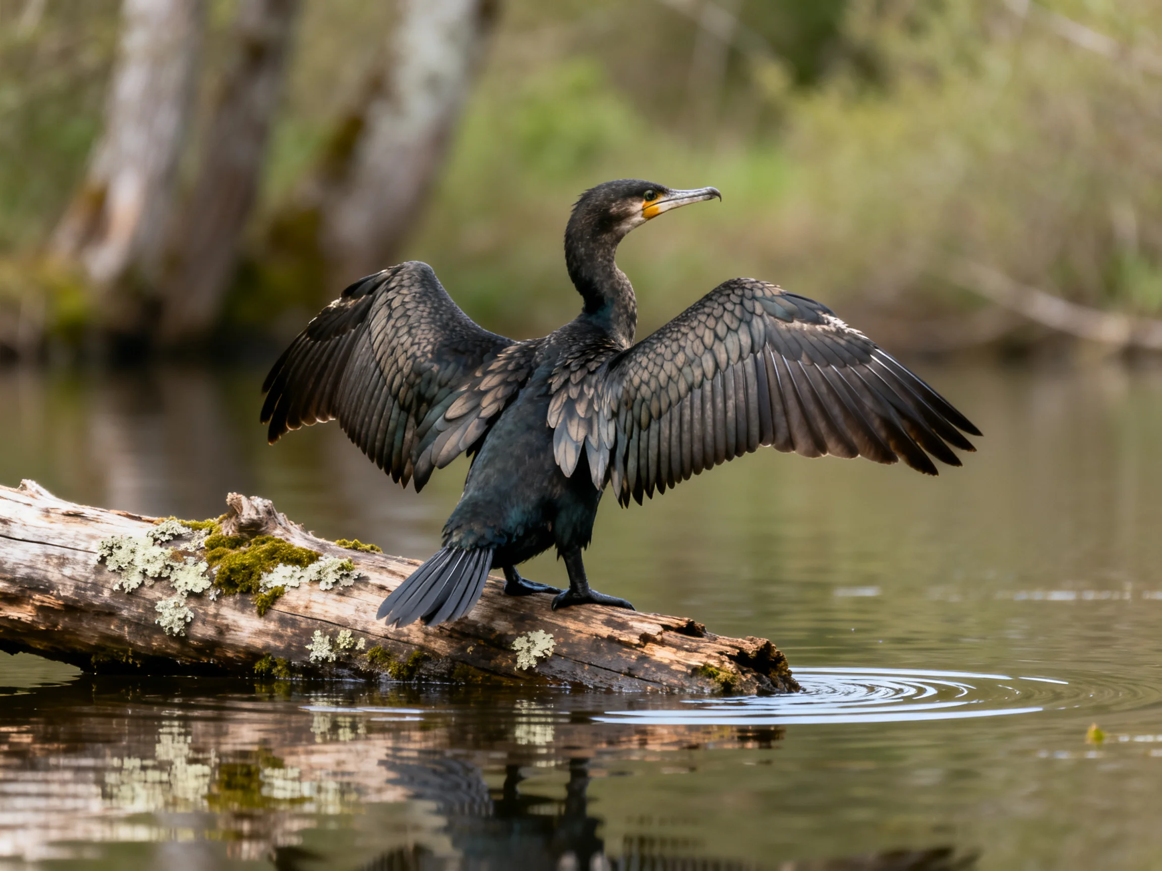 A black cormorant spreading wings on a mossy log by calm water