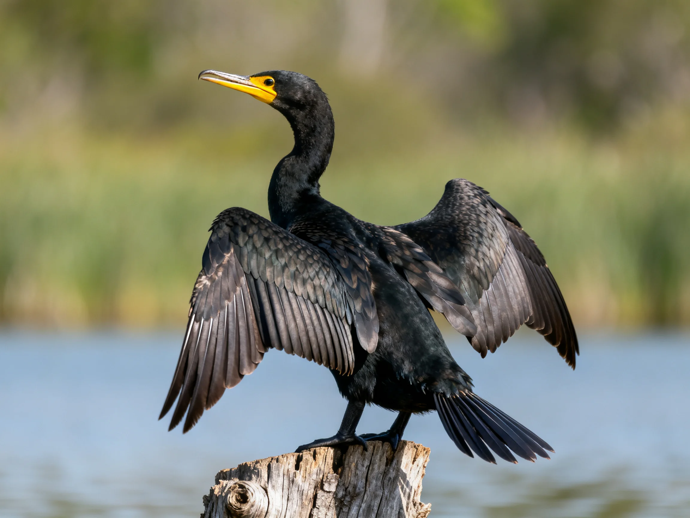 A black cormorant spreading wings on a weathered wooden post by calm water
